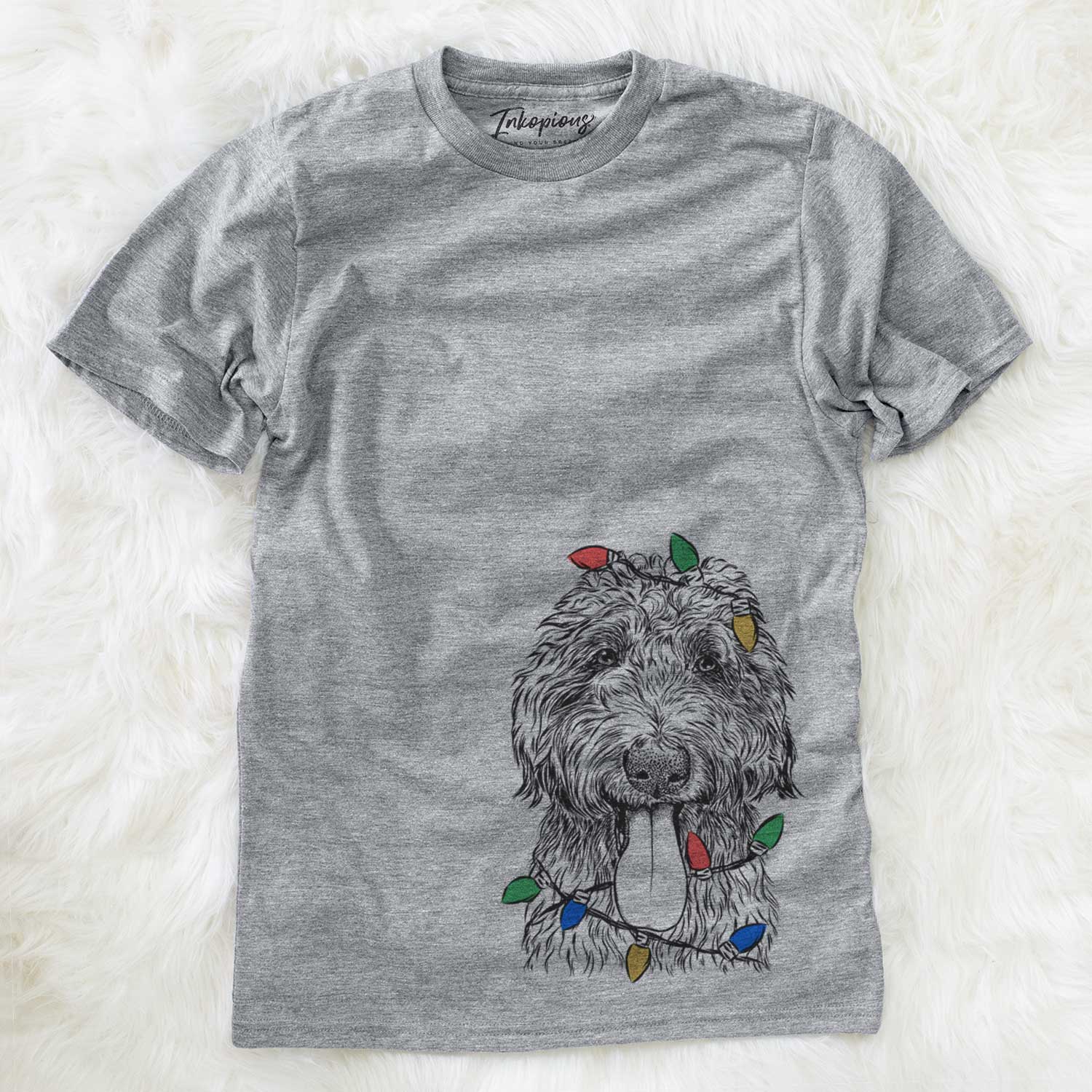 Hand-drawn sketch of CiCi Paulk the Aussiedoodle wrapped in Christmas lights on a Grey Unisex crewneck