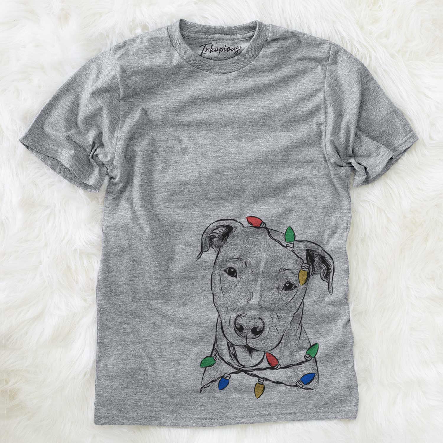 Hand-drawn sketch of Claiborne the American Staffordshire Terrier wrapped in Christmas lights on a Grey Unisex crewneck