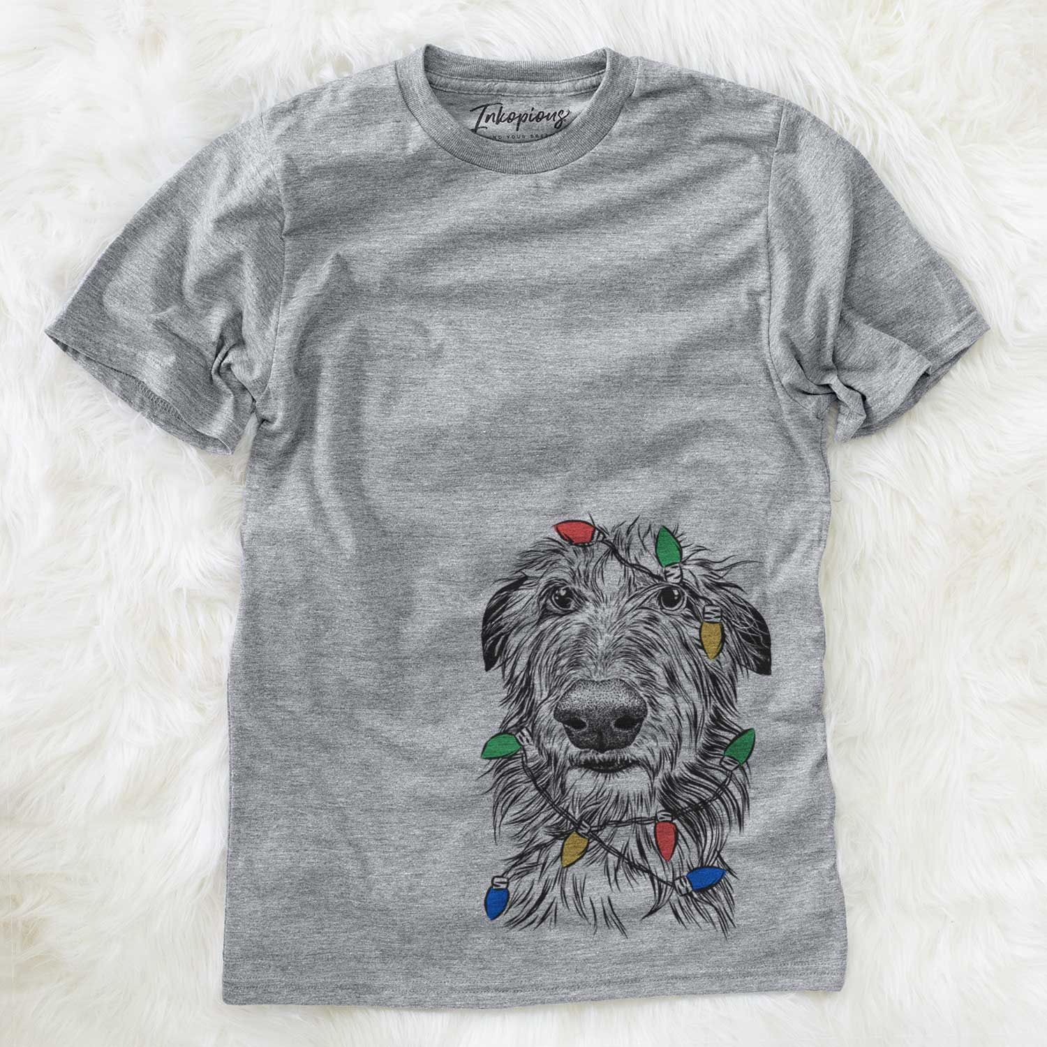Hand-drawn sketch of Cleod the Scottish Deerhound wrapped in Christmas lights on a Grey Unisex crewneck