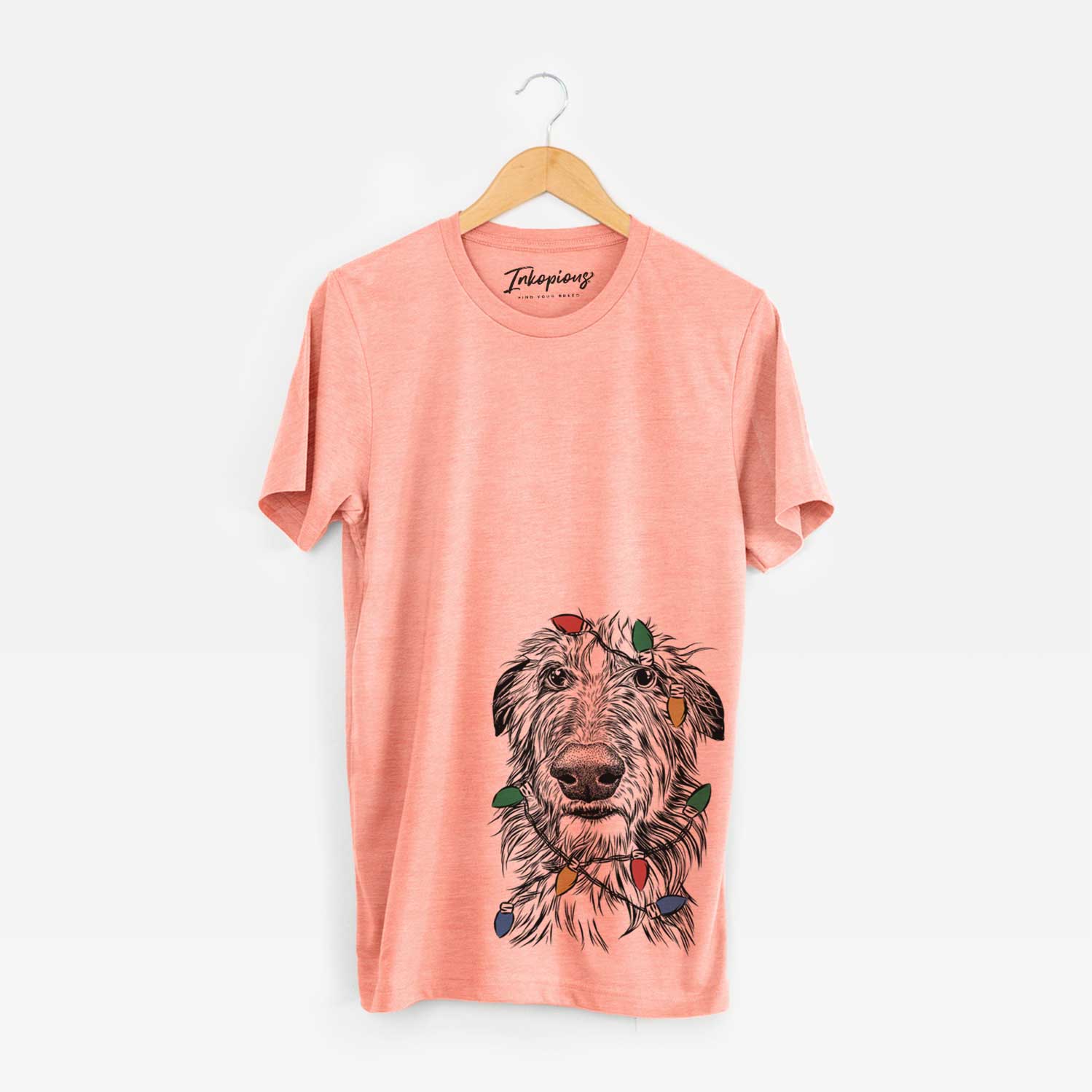 Hand-drawn sketch of Cleod the Scottish Deerhound wrapped in Christmas lights on a Sunset Unisex crewneck