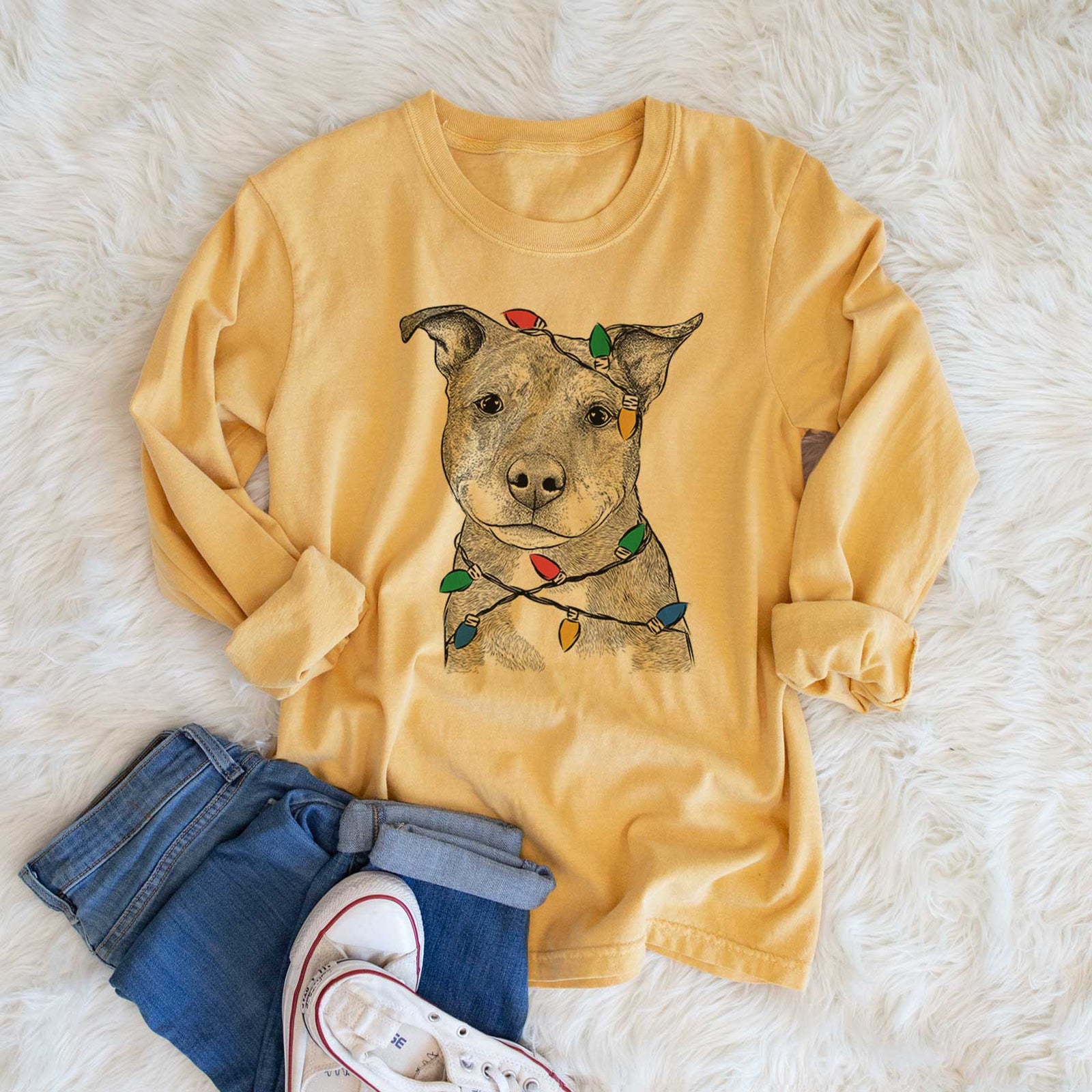 Christmas Lights Cody the Catahoula Mix - Heavyweight 100% Cotton Long Sleeve