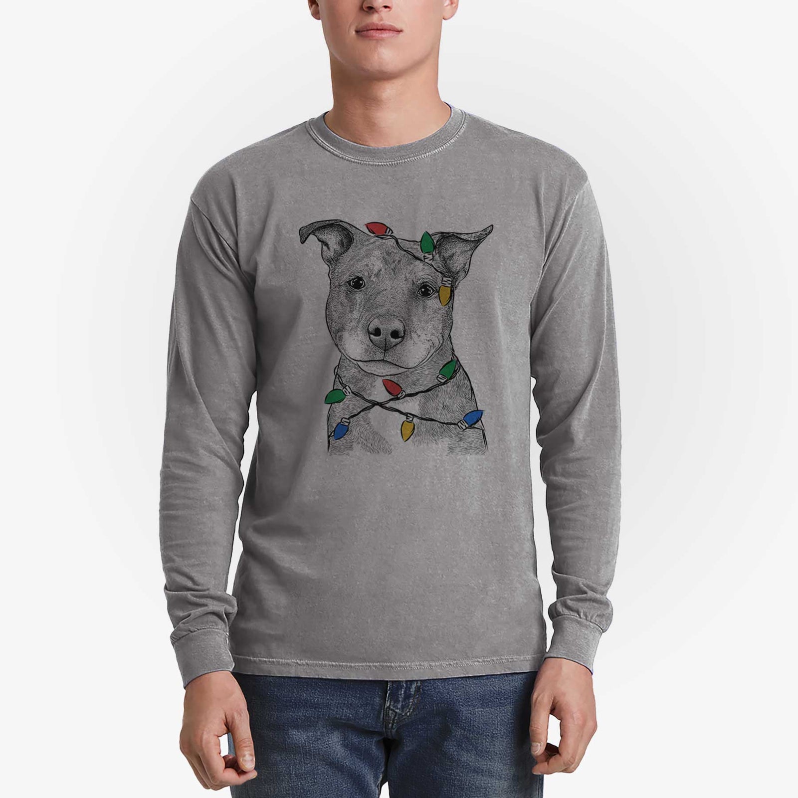 Christmas Lights Cody the Catahoula Mix - Heavyweight 100% Cotton Long Sleeve