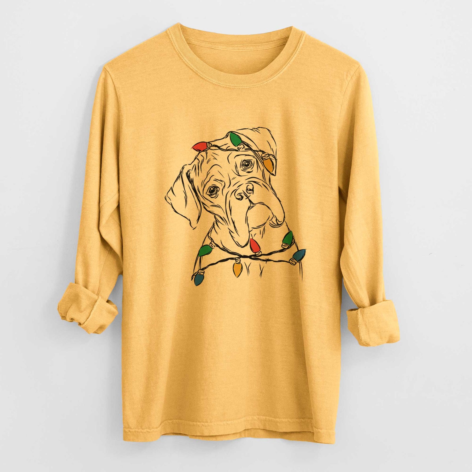 Christmas Lights Cooper the Boxer - Heavyweight 100% Cotton Long Sleeve