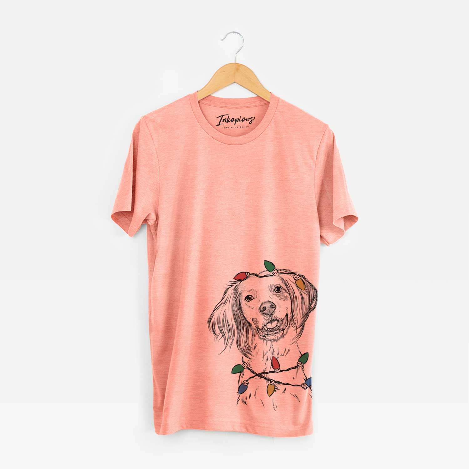 Hand-drawn sketch of Cooper the English Setter wrapped in Christmas lights on a Sunset Unisex crewneck