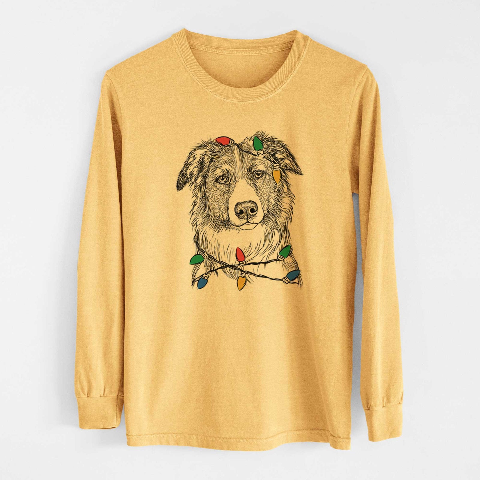 Christmas Lights Cynder the English Shepherd - Heavyweight 100% Cotton Long Sleeve