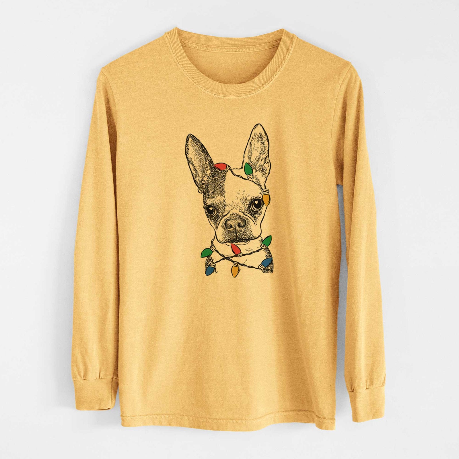 Christmas Lights Daisy the Boston Terrier - Heavyweight 100% Cotton Long Sleeve