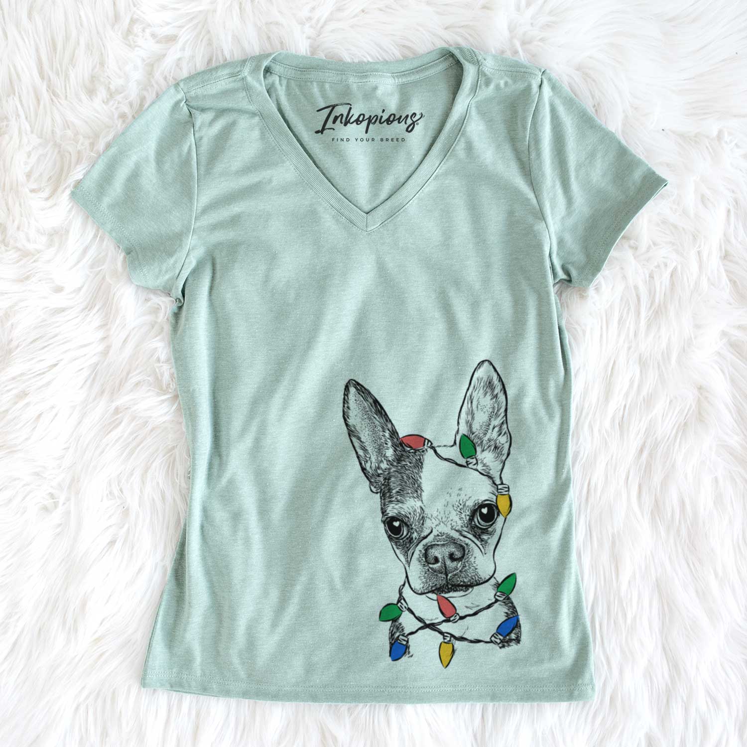 Christmas Lights Daisy the Boston Terrier - Women's V-neck Shirt