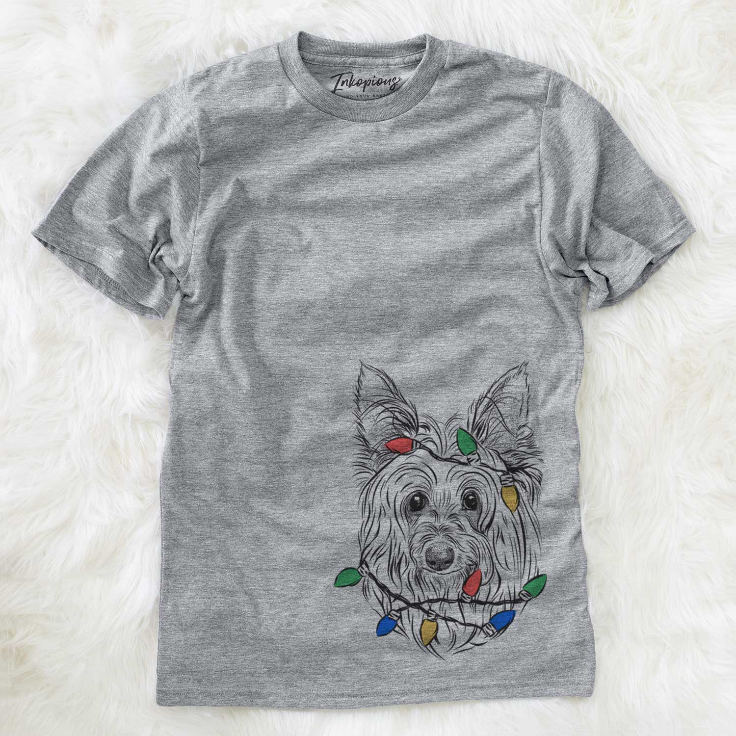 Hand-drawn sketch of Daisy May the Silky Terrier wrapped in Christmas lights on a Grey Unisex crewneck