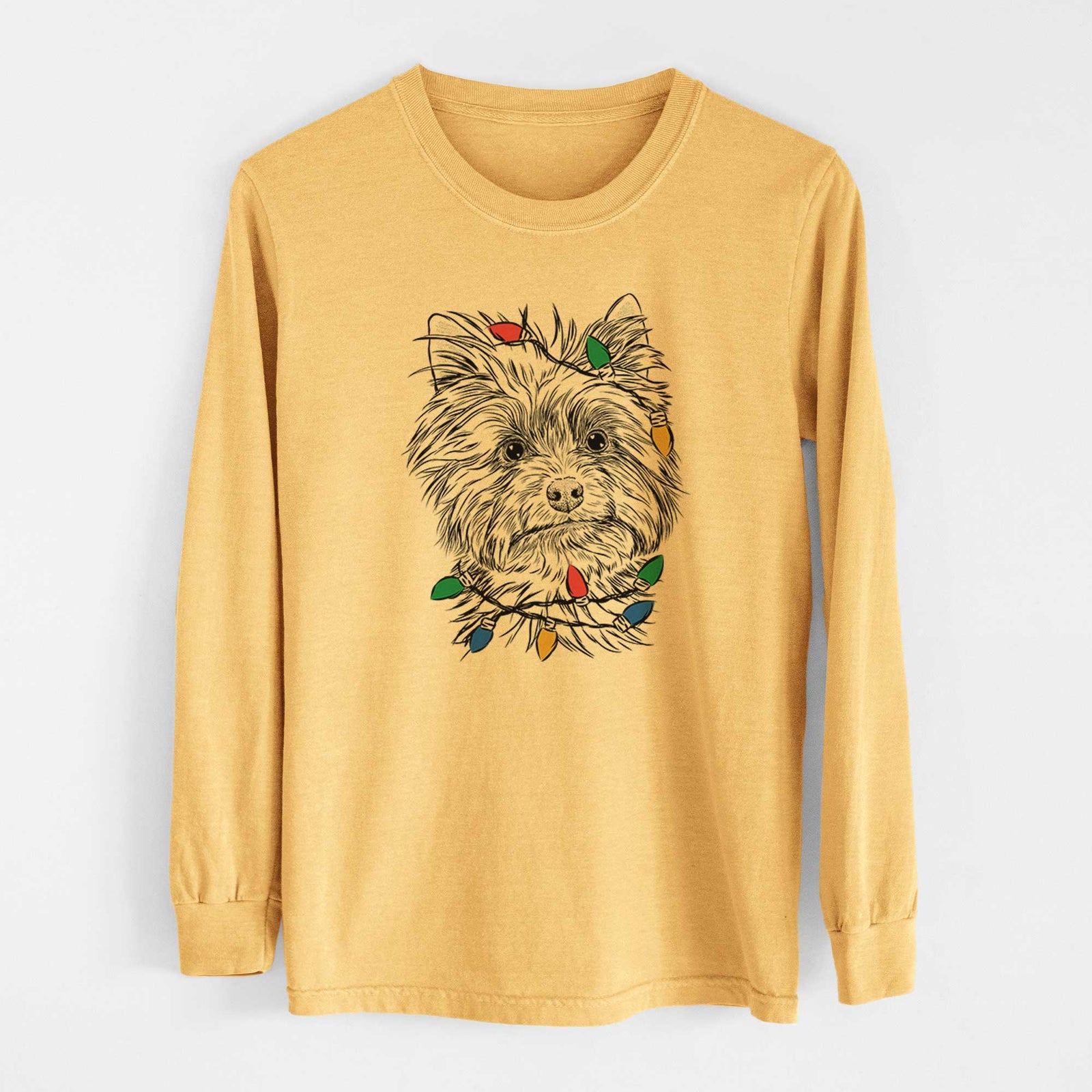 Christmas Lights Dakota the Yorkshire Terrier - Heavyweight 100% Cotton Long Sleeve