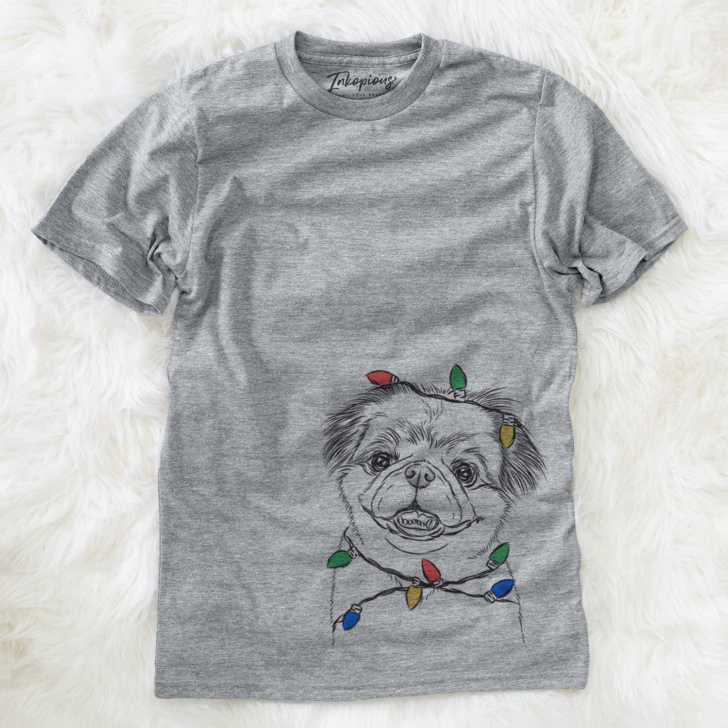 Hand-drawn sketch of Danny the Pekingese wrapped in Christmas lights on a Grey Unisex crewneck