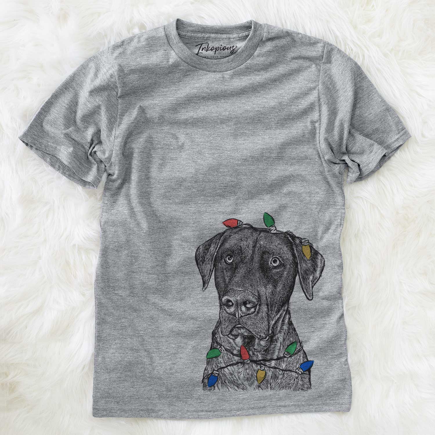 Hand-drawn sketch of David the Boxador wrapped in Christmas lights on a Grey Unisex crewneck