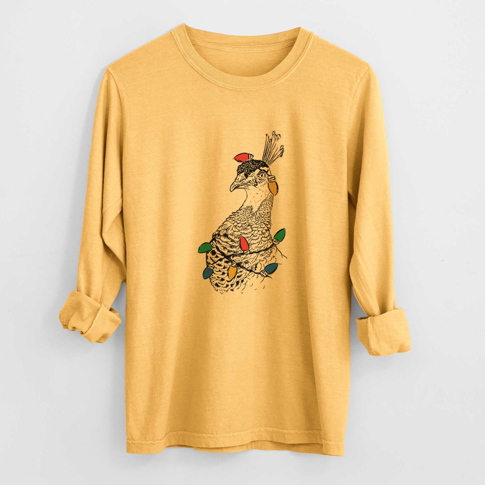 Christmas Lights Dee the Peahen - Heavyweight 100% Cotton Long Sleeve