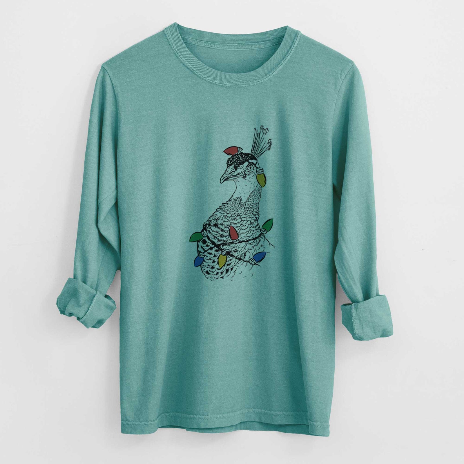 Christmas Lights Dee the Peahen - Heavyweight 100% Cotton Long Sleeve
