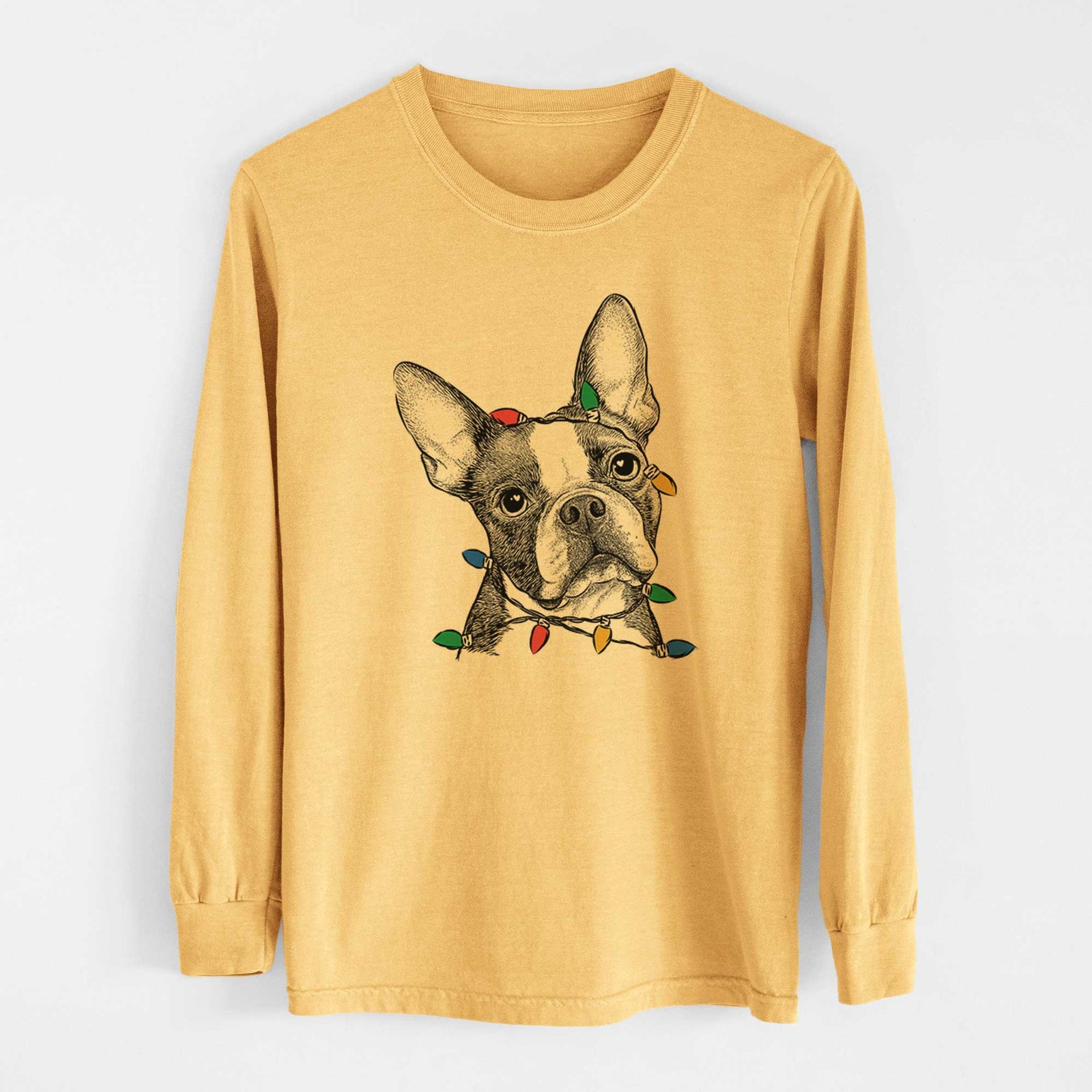 Christmas Lights Dee Dee the Boston Terrier - Heavyweight 100% Cotton Long Sleeve