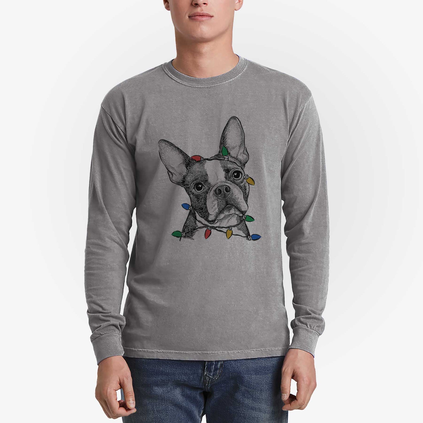 Christmas Lights Dee Dee the Boston Terrier - Heavyweight 100% Cotton Long Sleeve
