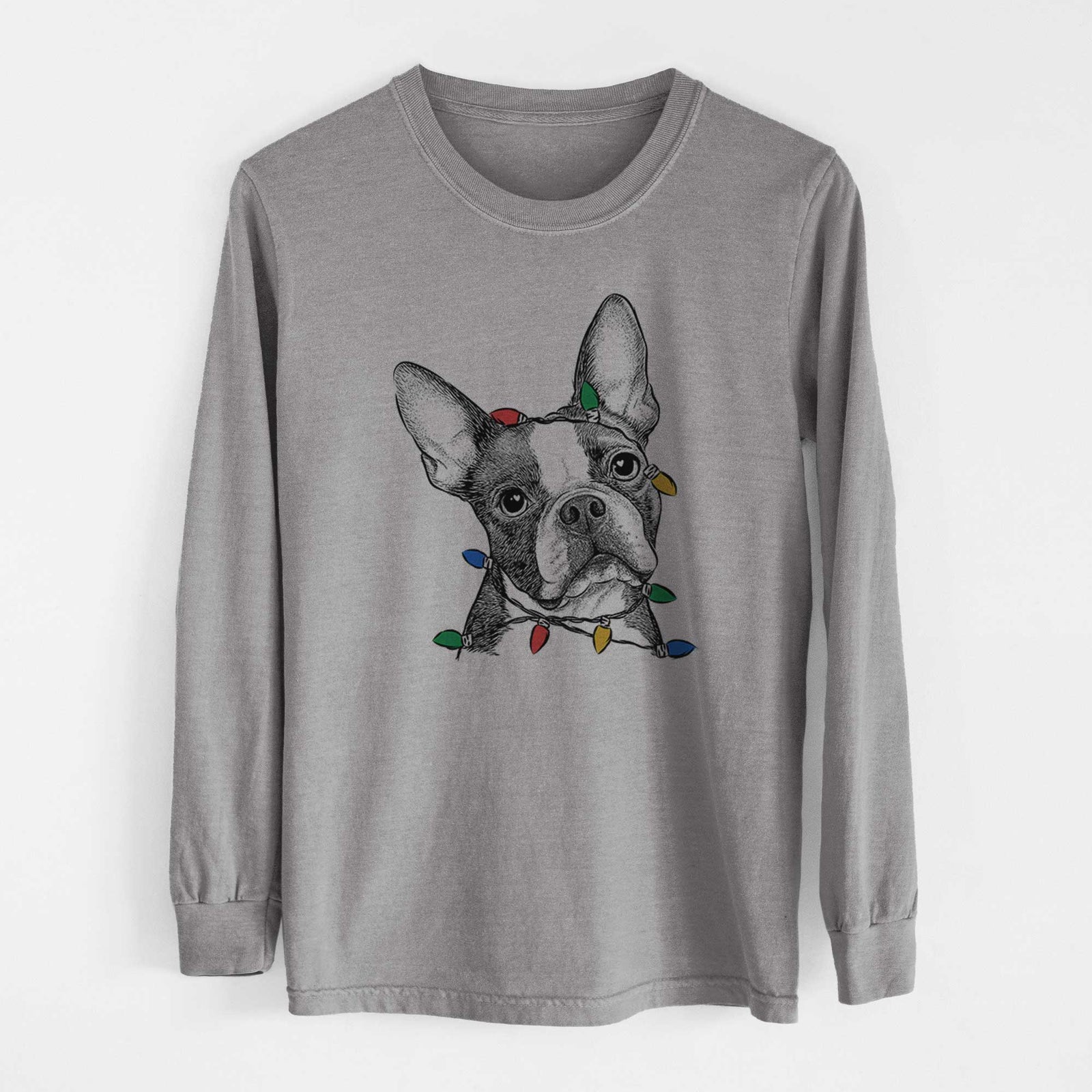 Christmas Lights Dee Dee the Boston Terrier - Heavyweight 100% Cotton Long Sleeve