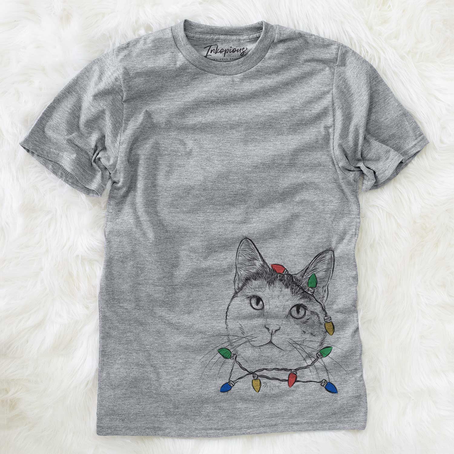 Hand-drawn sketch of Denver the Calico Cat wrapped in Christmas lights on a Grey Unisex crewneck
