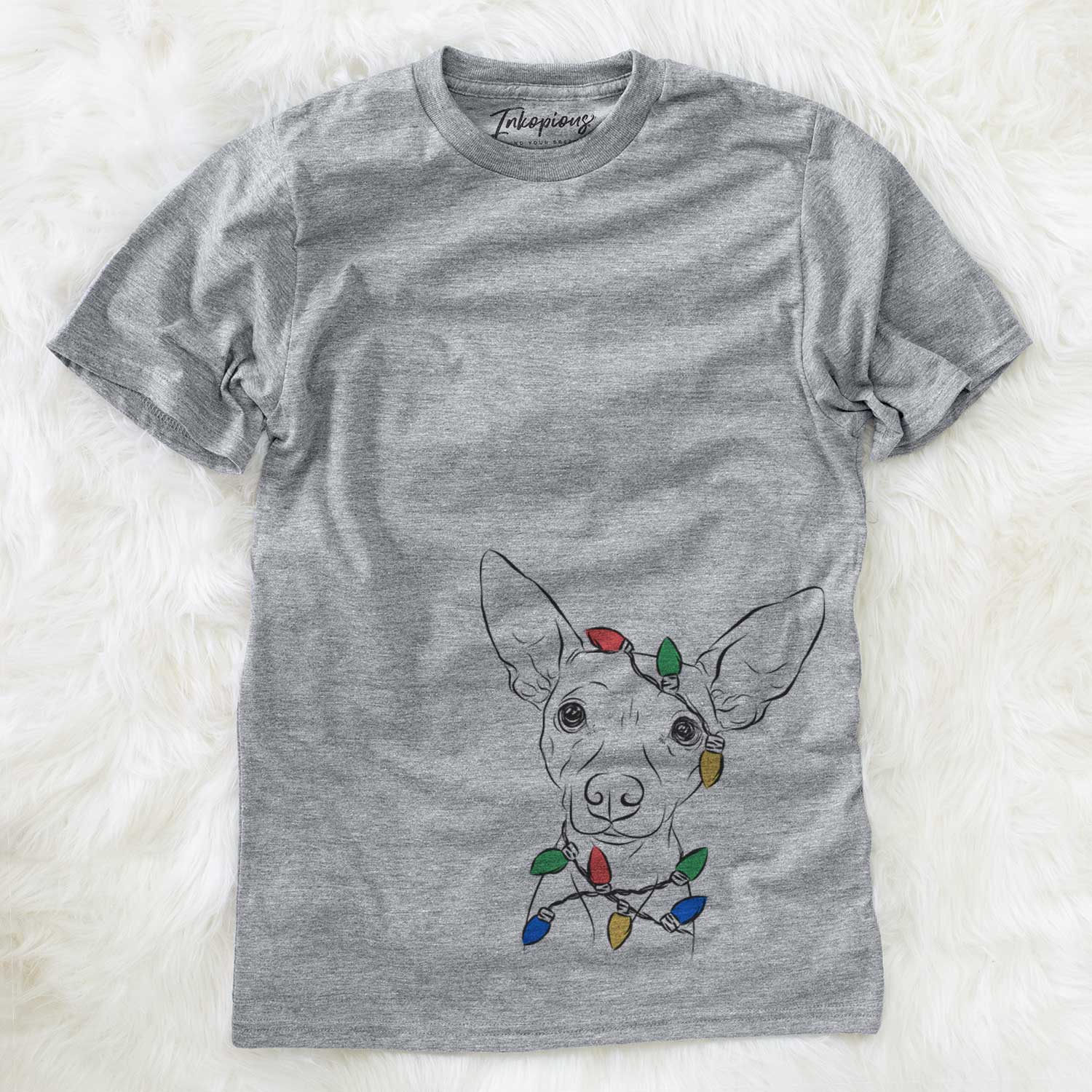 Hand-drawn sketch of Desi the American Hairless Terrier wrapped in Christmas lights on a Grey Unisex crewneck