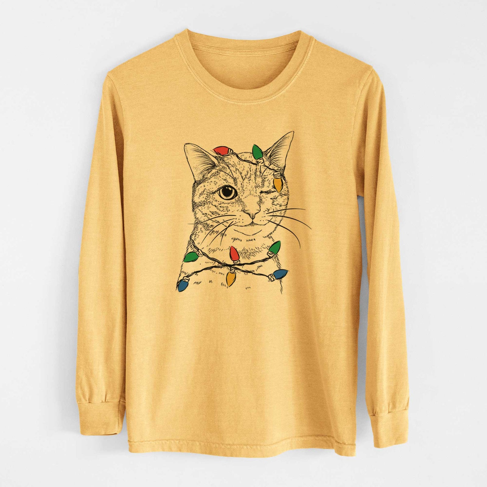 Christmas Lights Dexter the Domestic Shorthair - Heavyweight 100% Cotton Long Sleeve