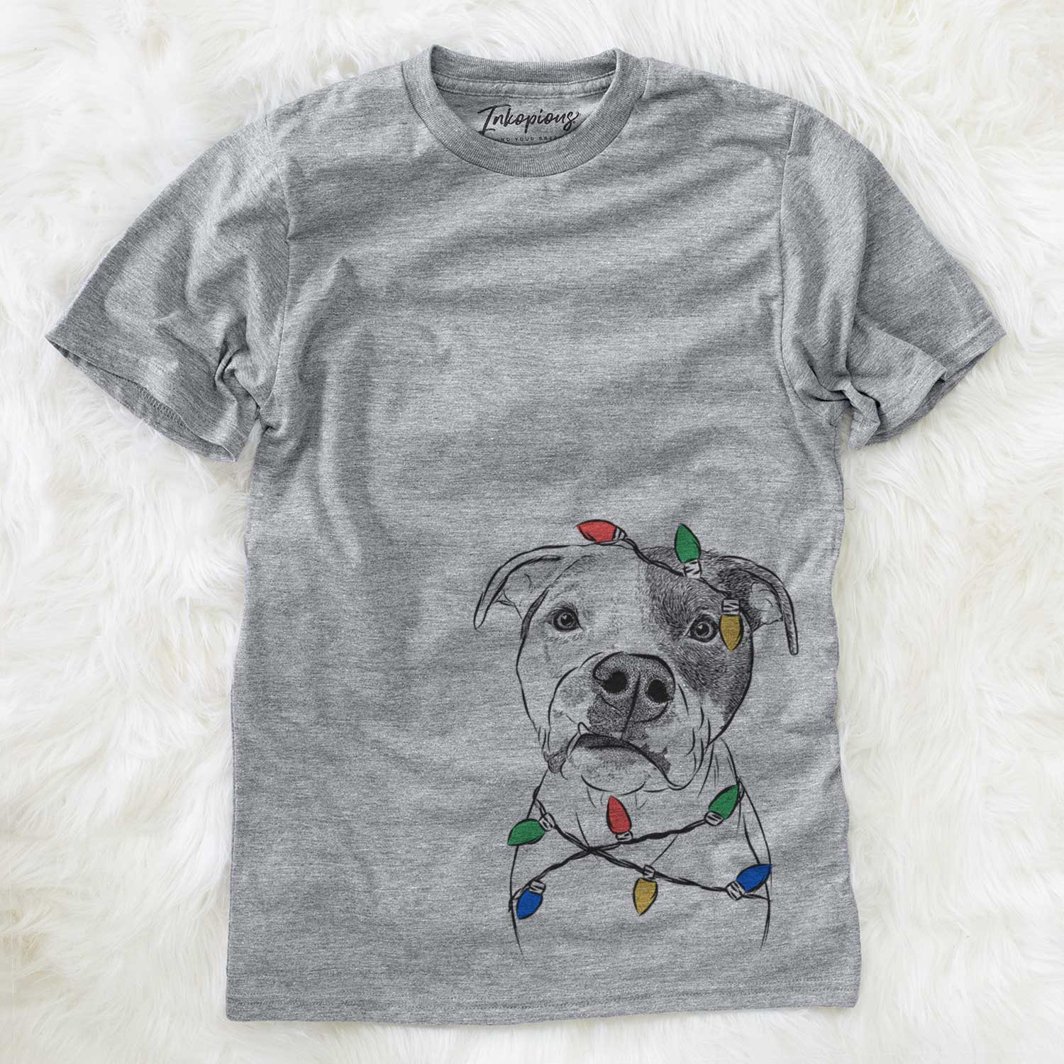 Hand-drawn sketch of Dexter the Pitbull wrapped in Christmas lights on a Grey Unisex crewneck