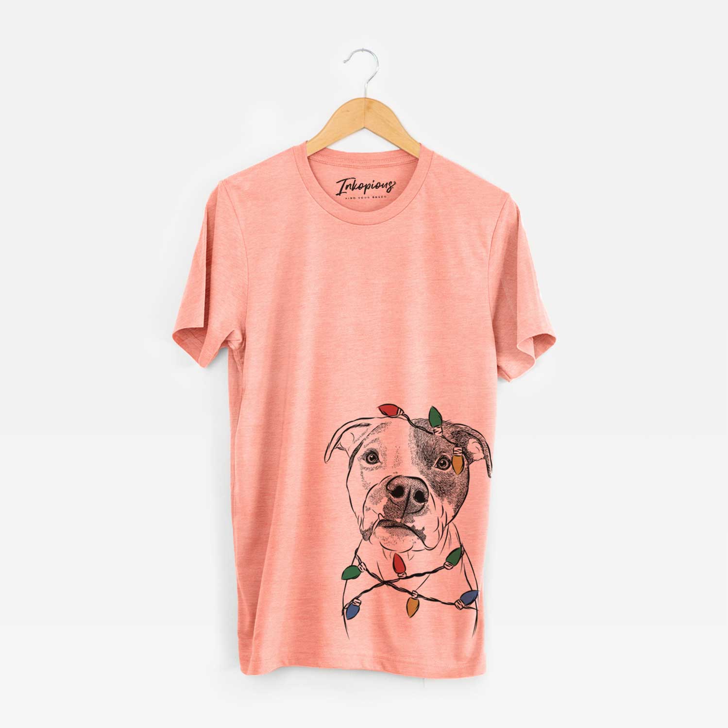 Hand-drawn sketch of Dexter the Pitbull wrapped in Christmas lights on a Sunset Unisex crewneck