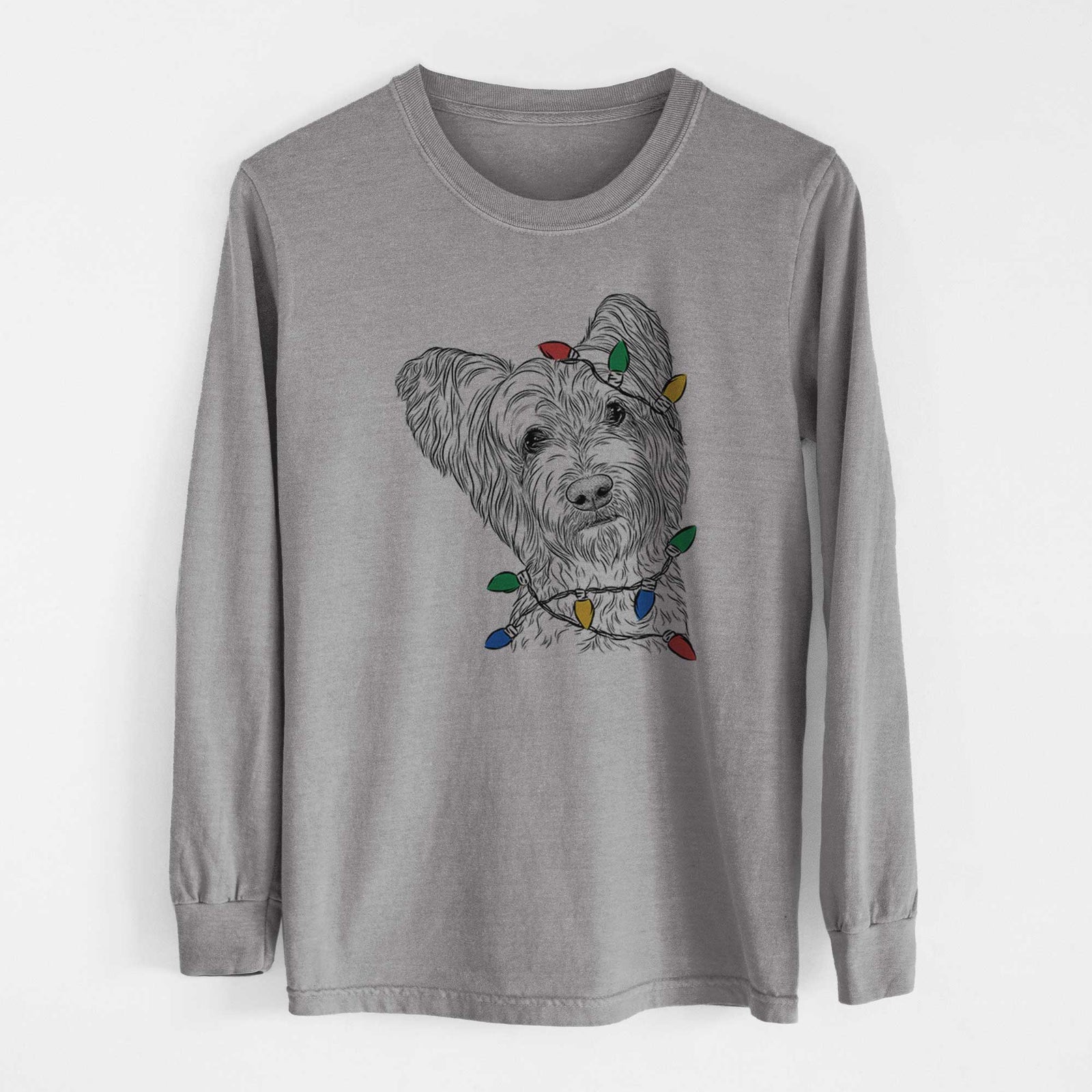 Christmas Lights Dexter the Terrier Mix - Heavyweight 100% Cotton Long Sleeve