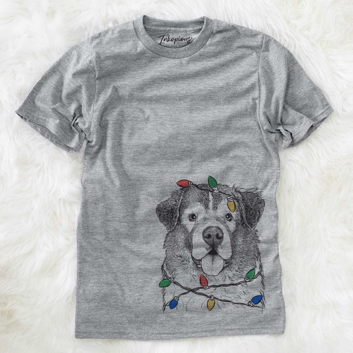 Hand-drawn sketch of Dilly the Saint Bernard wrapped in Christmas lights on a Grey Unisex crewneck