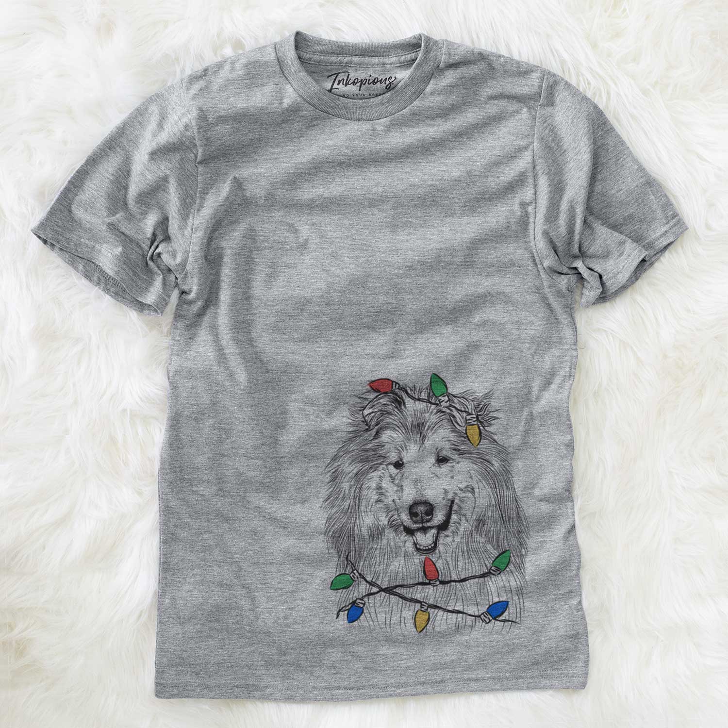 Hand-drawn sketch of Donnan the Rough Collie wrapped in Christmas lights on a Grey Unisex crewneck