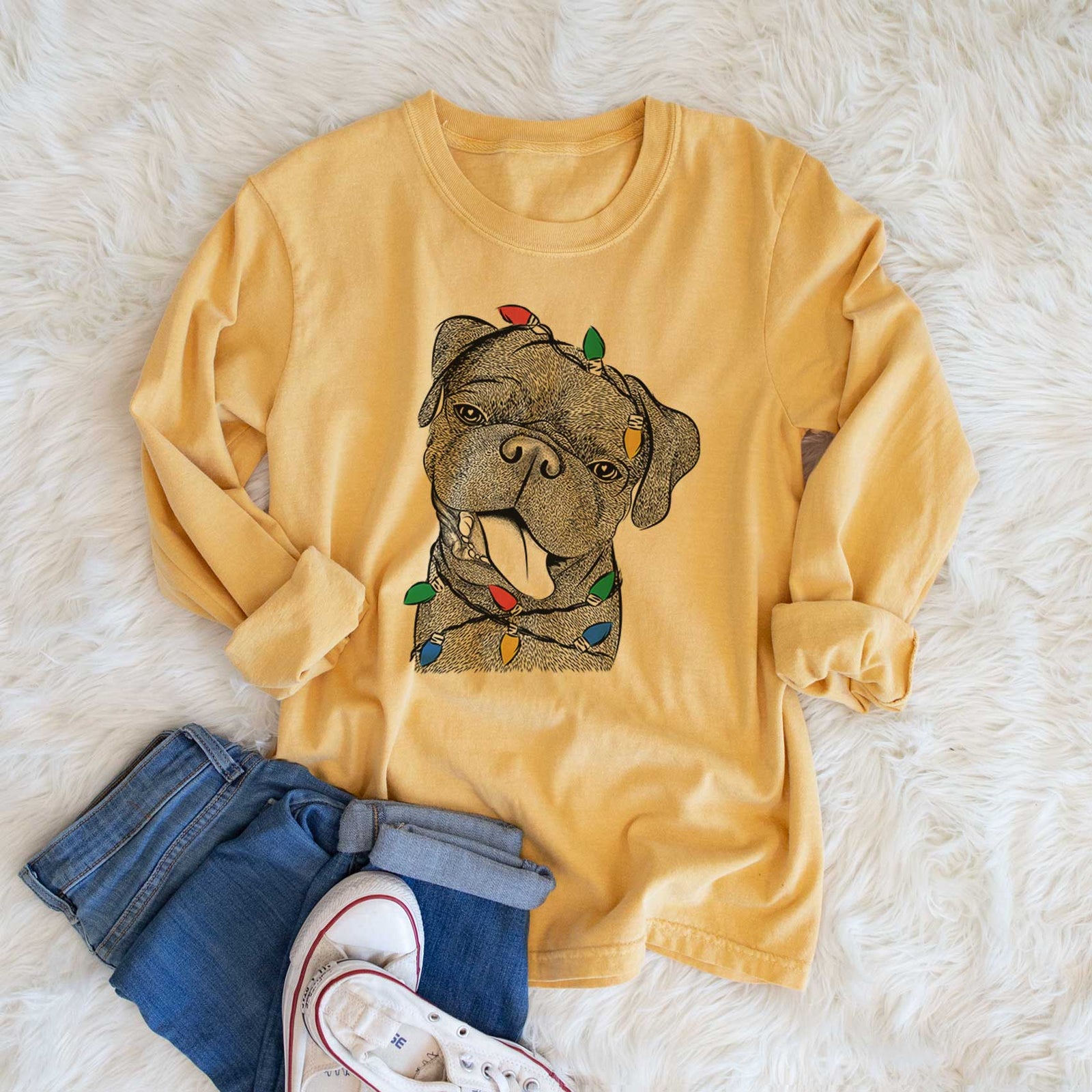 Christmas Lights Dudley Danger the Pug - Heavyweight 100% Cotton Long Sleeve