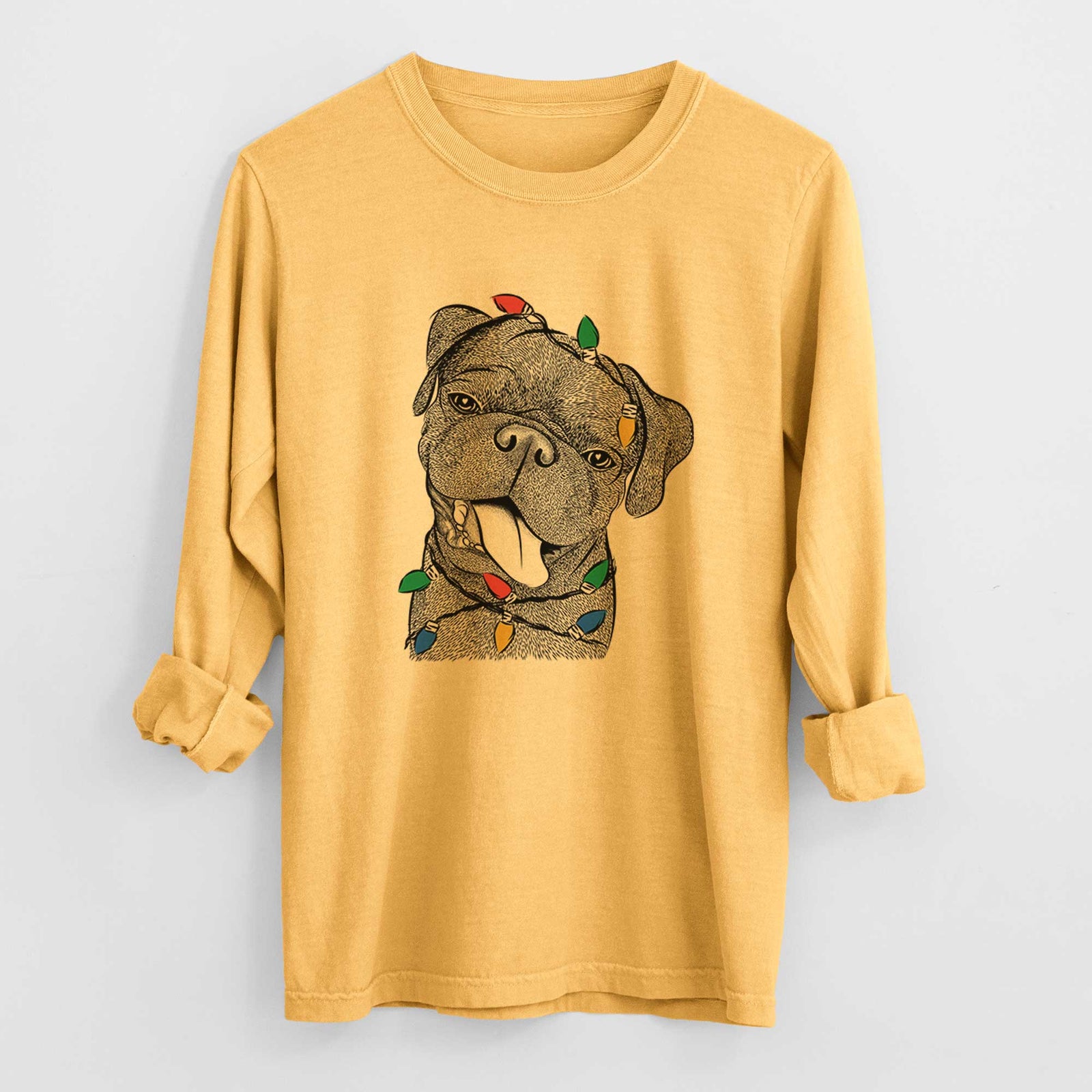 Christmas Lights Dudley Danger the Pug - Heavyweight 100% Cotton Long Sleeve