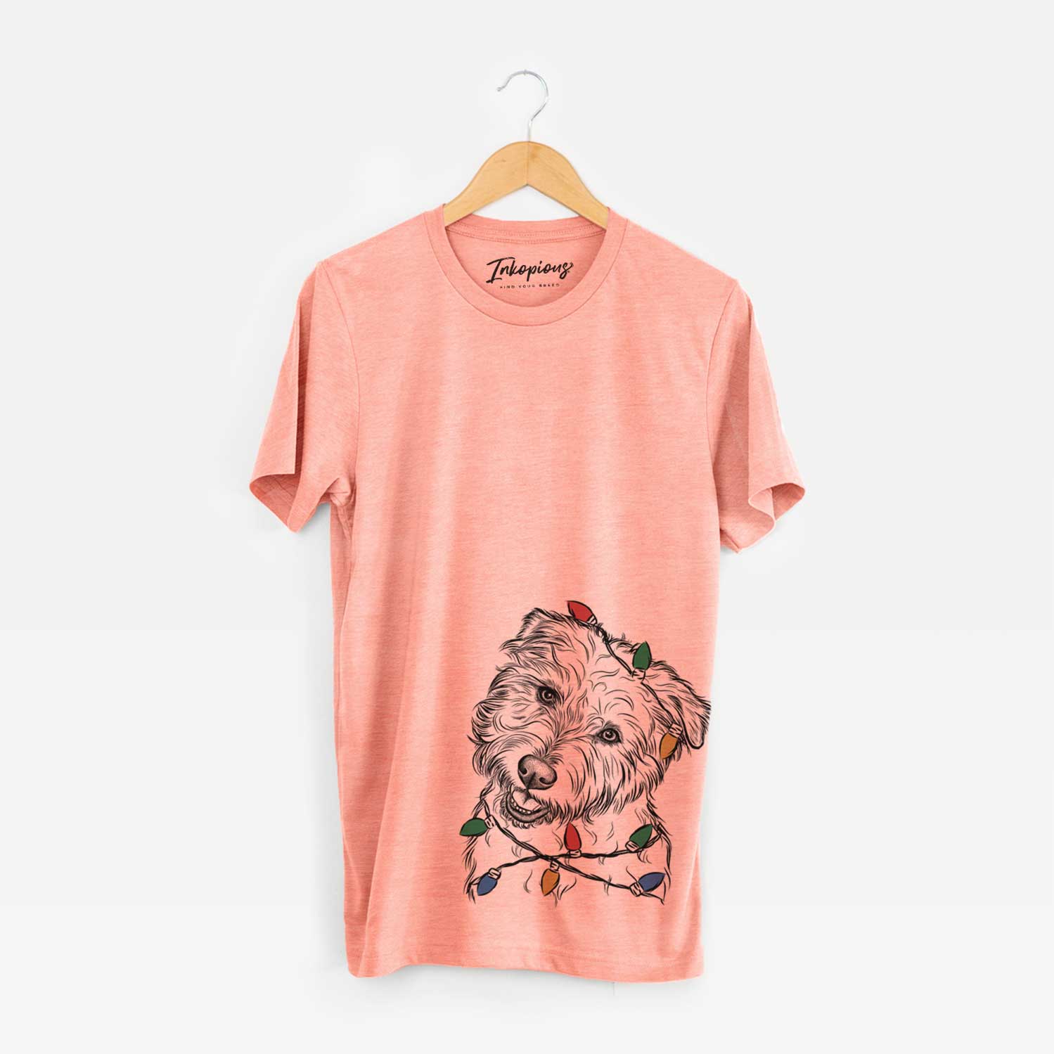 Hand-drawn sketch of Duffy the Glen of Imaal Terrier wrapped in Christmas lights on a Sunset Unisex crewneck