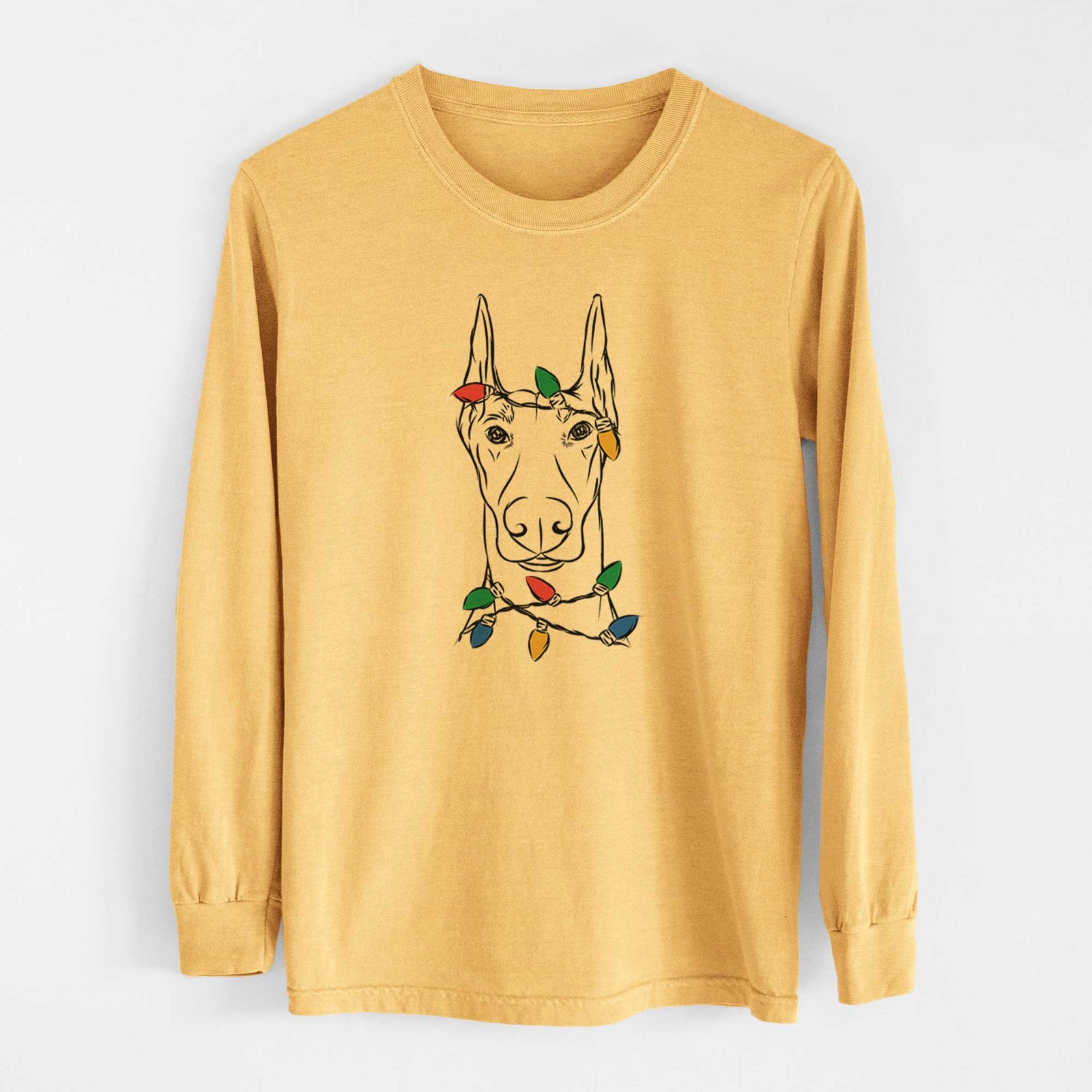 Christmas Lights Duke the Doberman Pinscher - Heavyweight 100% Cotton Long Sleeve