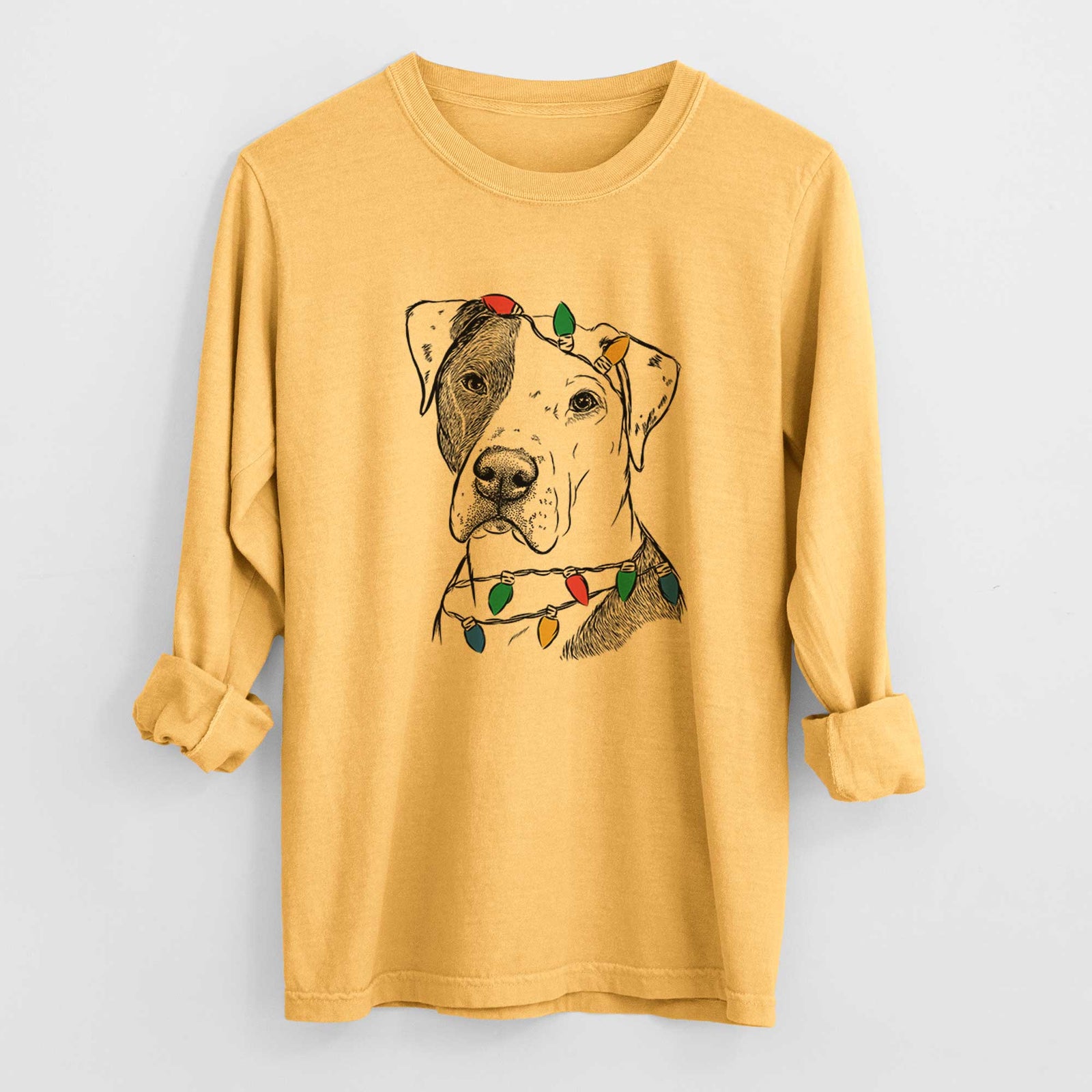 Christmas Lights Duke the American Staffordshire Terrier Mix - Heavyweight 100% Cotton Long Sleeve
