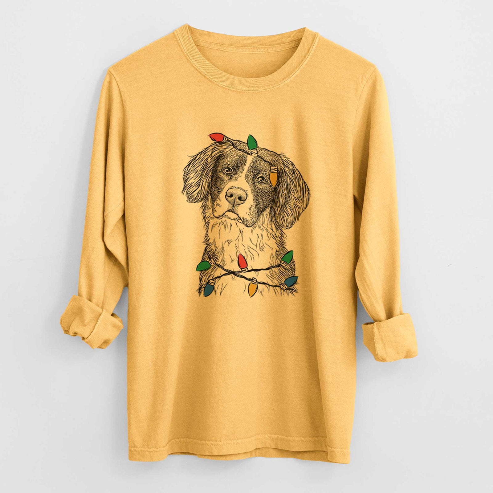 Christmas Lights Dulce the Drentsche Patrijshond - Heavyweight 100% Cotton Long Sleeve