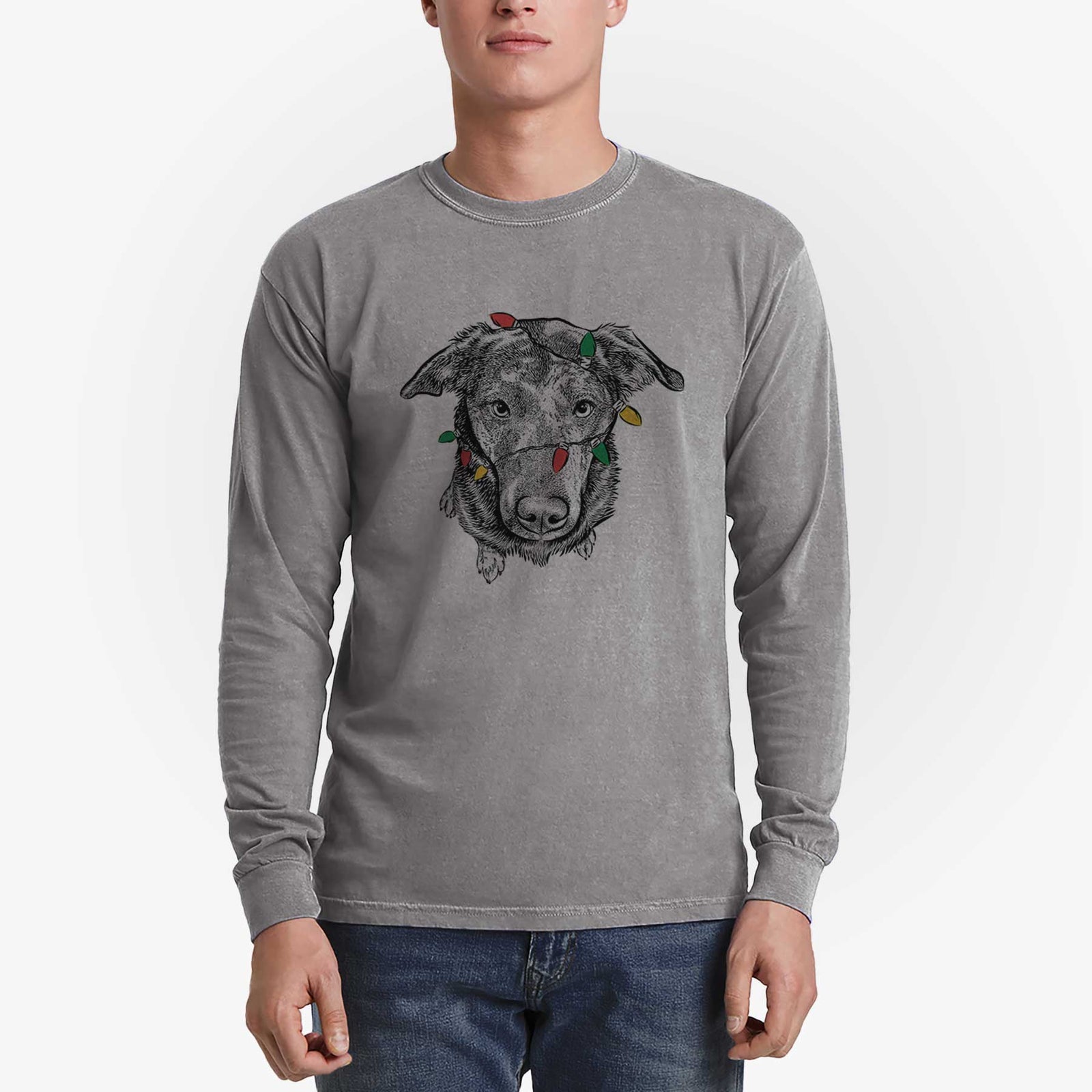 Christmas Lights Echo the Pitbull Beagle Mix - Heavyweight 100% Cotton Long Sleeve