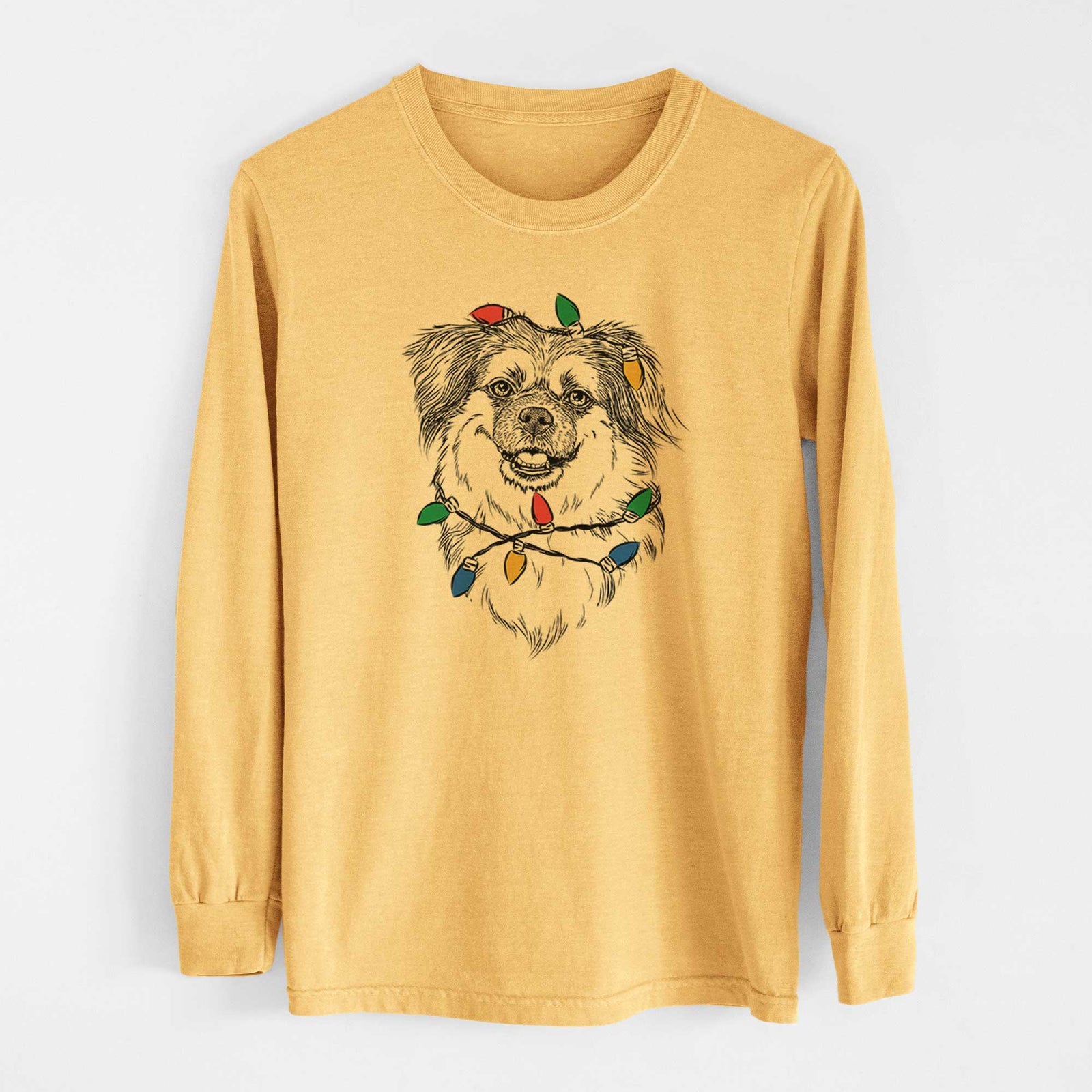 Christmas Lights Ed the Tibetan Spaniel - Heavyweight 100% Cotton Long Sleeve