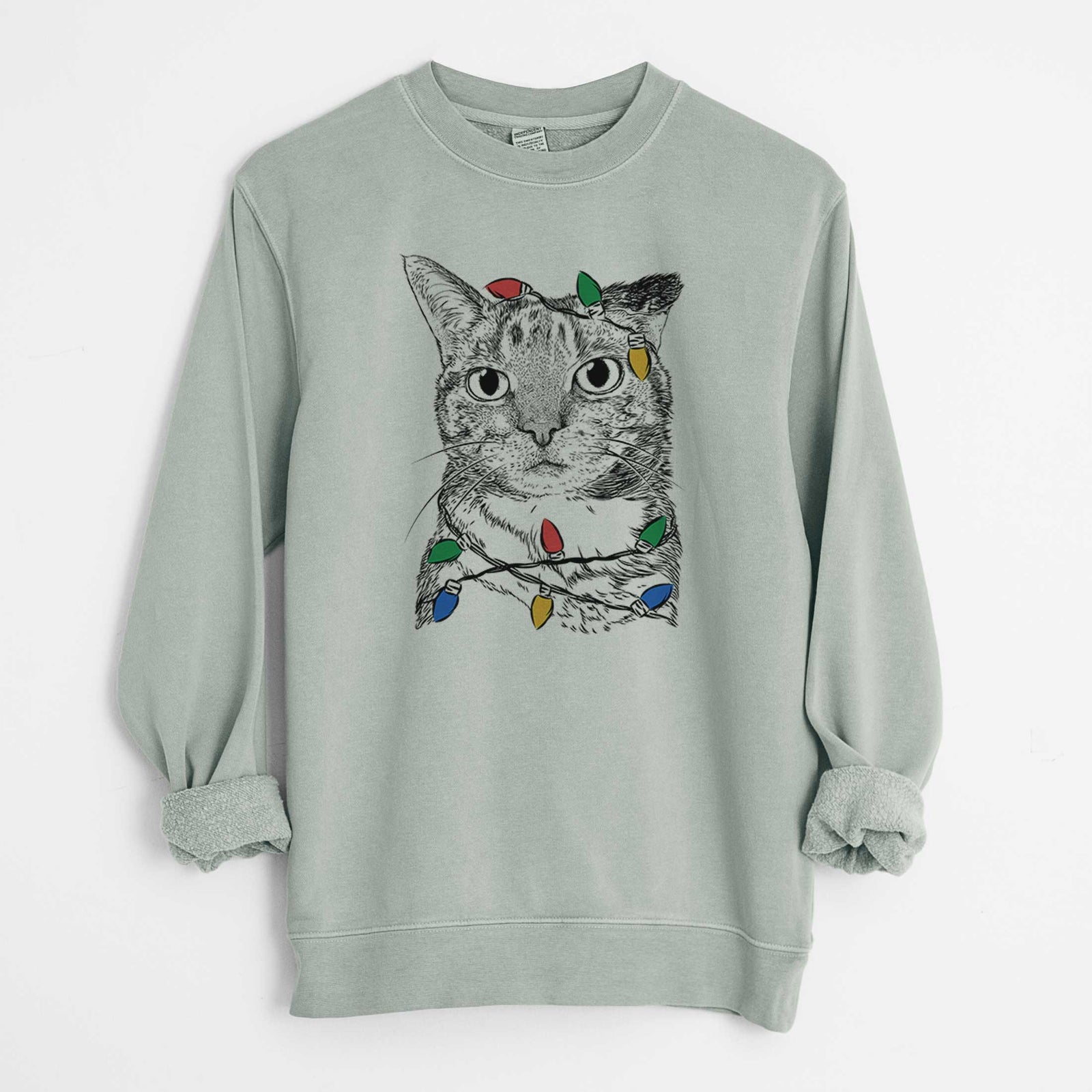 Christmas Lights Eleanor the Domestic Shorthair Cat - Unisex Pigment Dyed Crew Sweatshirt