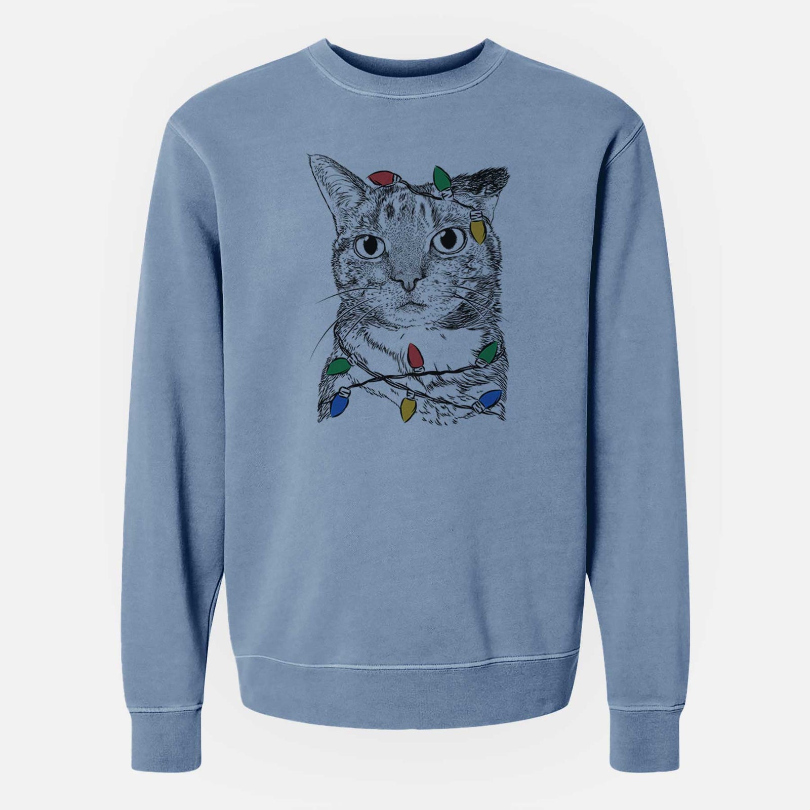 Christmas Lights Eleanor the Domestic Shorthair Cat - Unisex Pigment Dyed Crew Sweatshirt