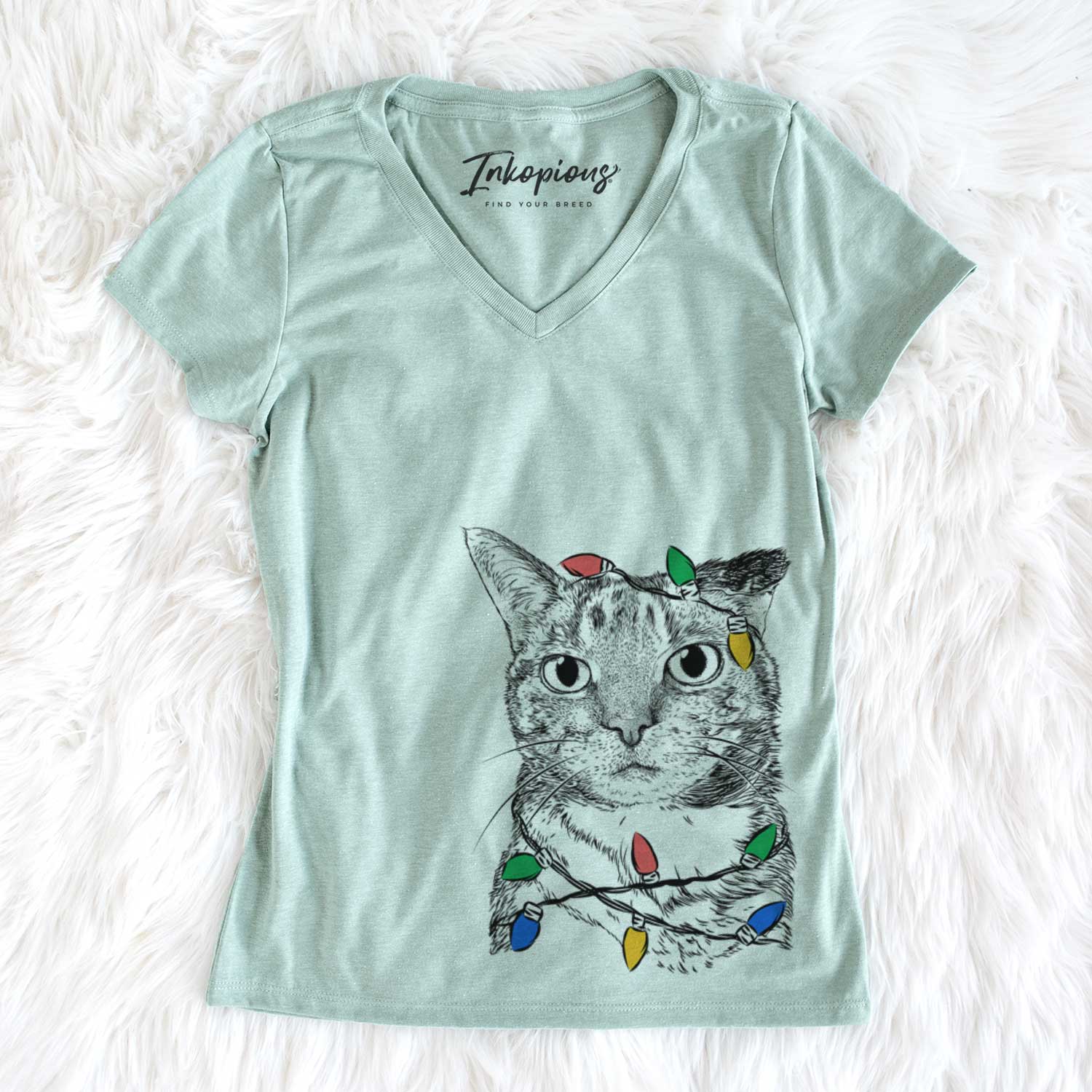 Christmas Lights Eleanor the Domestic Shorthair Cat - Women's V-neck Shirt
