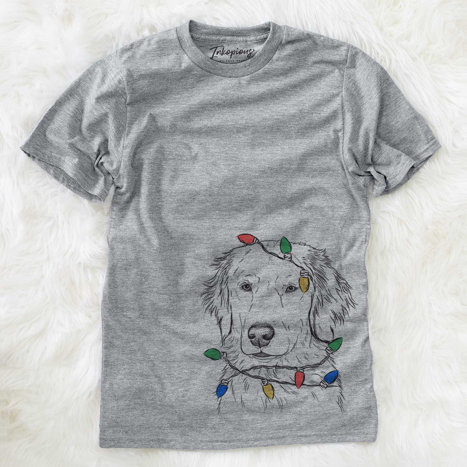 Hand-drawn sketch of Eli the Golden Retriever wrapped in Christmas lights on a Grey Unisex crewneck