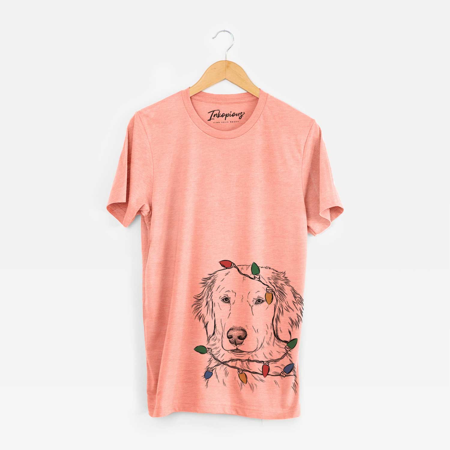 Hand-drawn sketch of Eli the Golden Retriever wrapped in Christmas lights on a Sunset Unisex crewneck