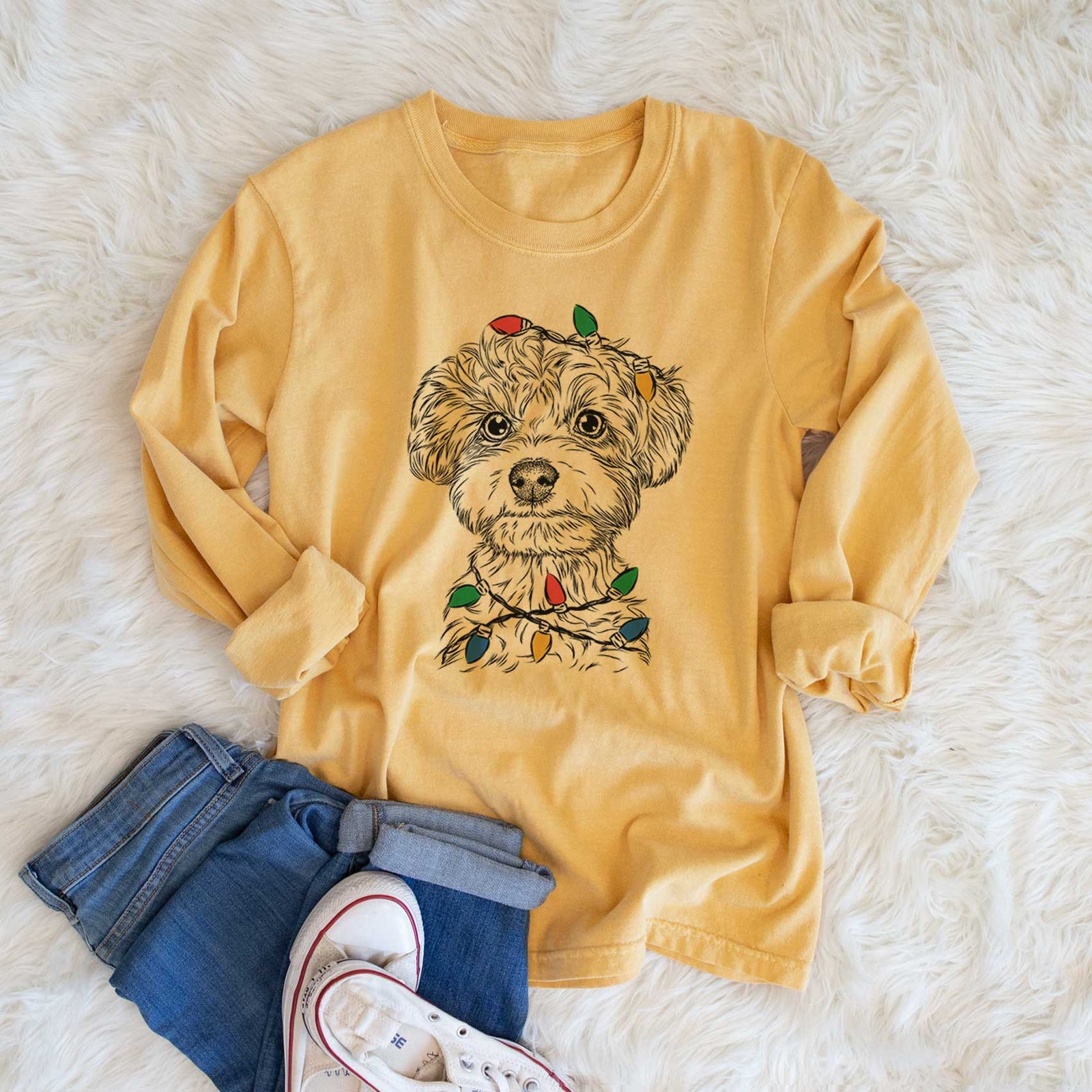 Christmas Lights Elliott the Yorkiepoo - Heavyweight 100% Cotton Long Sleeve