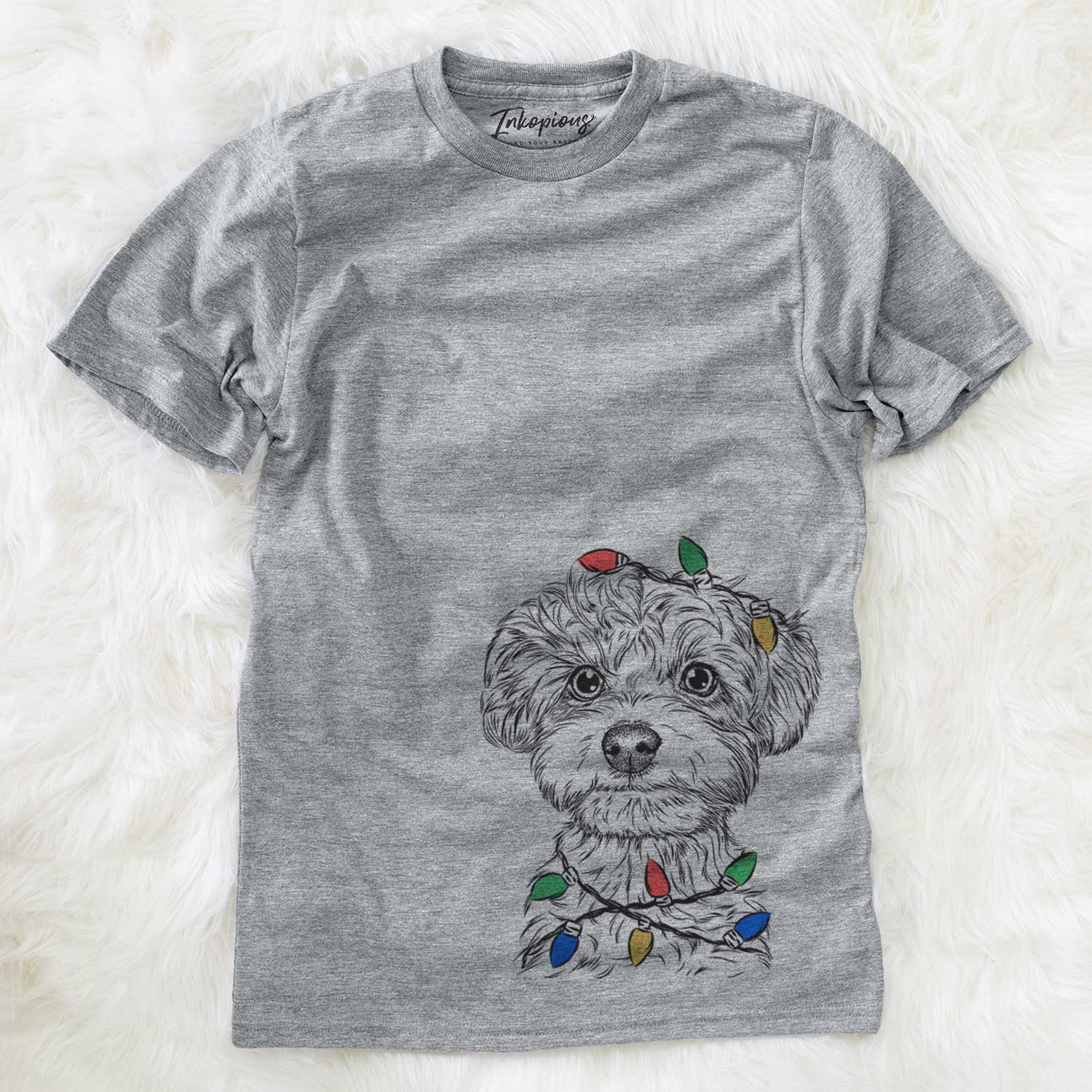 Hand-drawn sketch of Elliott the Yorkiepoo wrapped in Christmas lights on a Grey Unisex crewneck