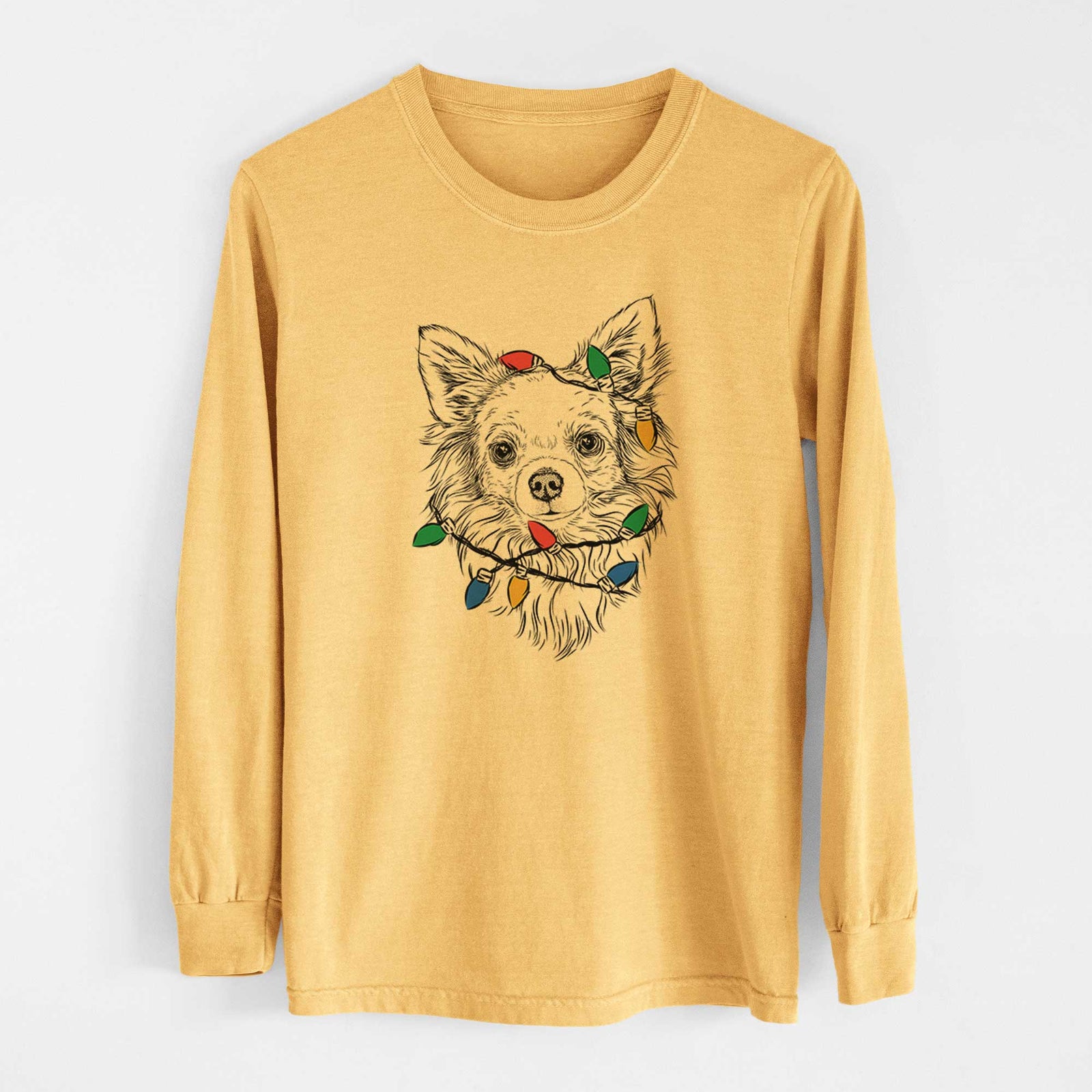 Christmas Lights Emma the Longhaired Chihuahua - Heavyweight 100% Cotton Long Sleeve