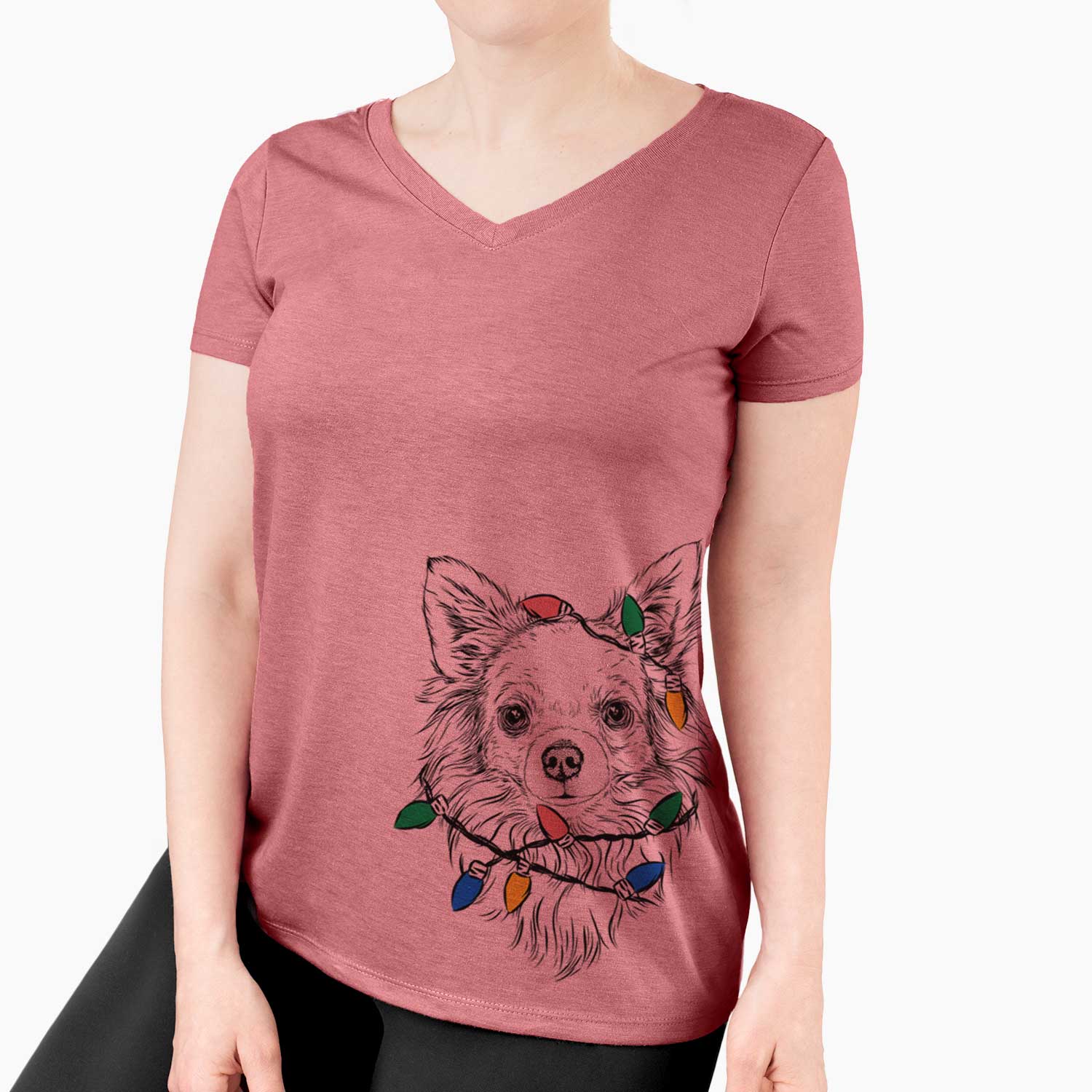 Christmas Lights Emma the Longhaired Chihuahua - Women's V-neck Shirt