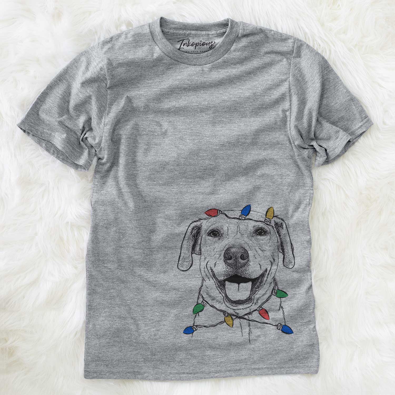 Hand-drawn sketch of Ernie the Mixed Breed wrapped in Christmas lights on a Grey Unisex crewneck