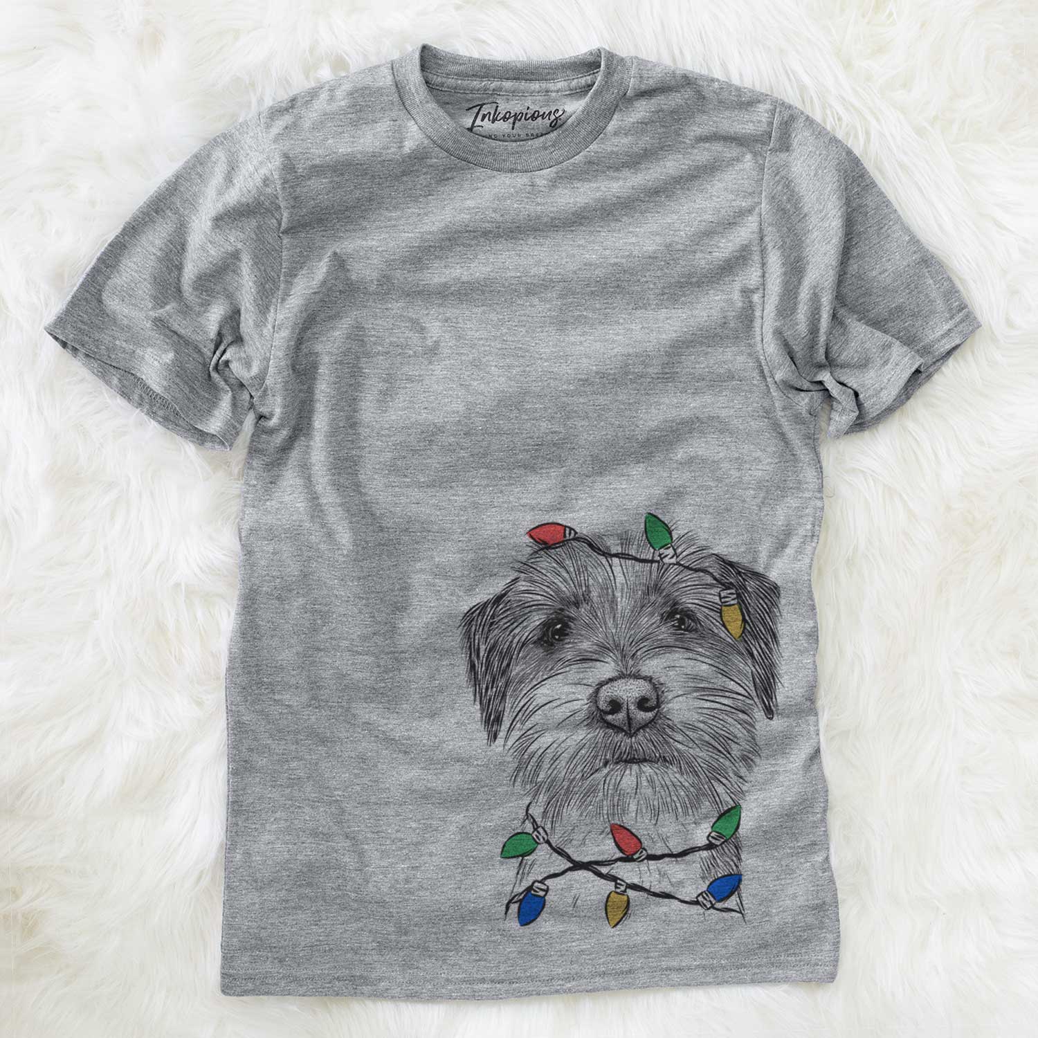 Hand-drawn sketch of Feis the Parson Russell Terrier wrapped in Christmas lights on a Grey Unisex crewneck