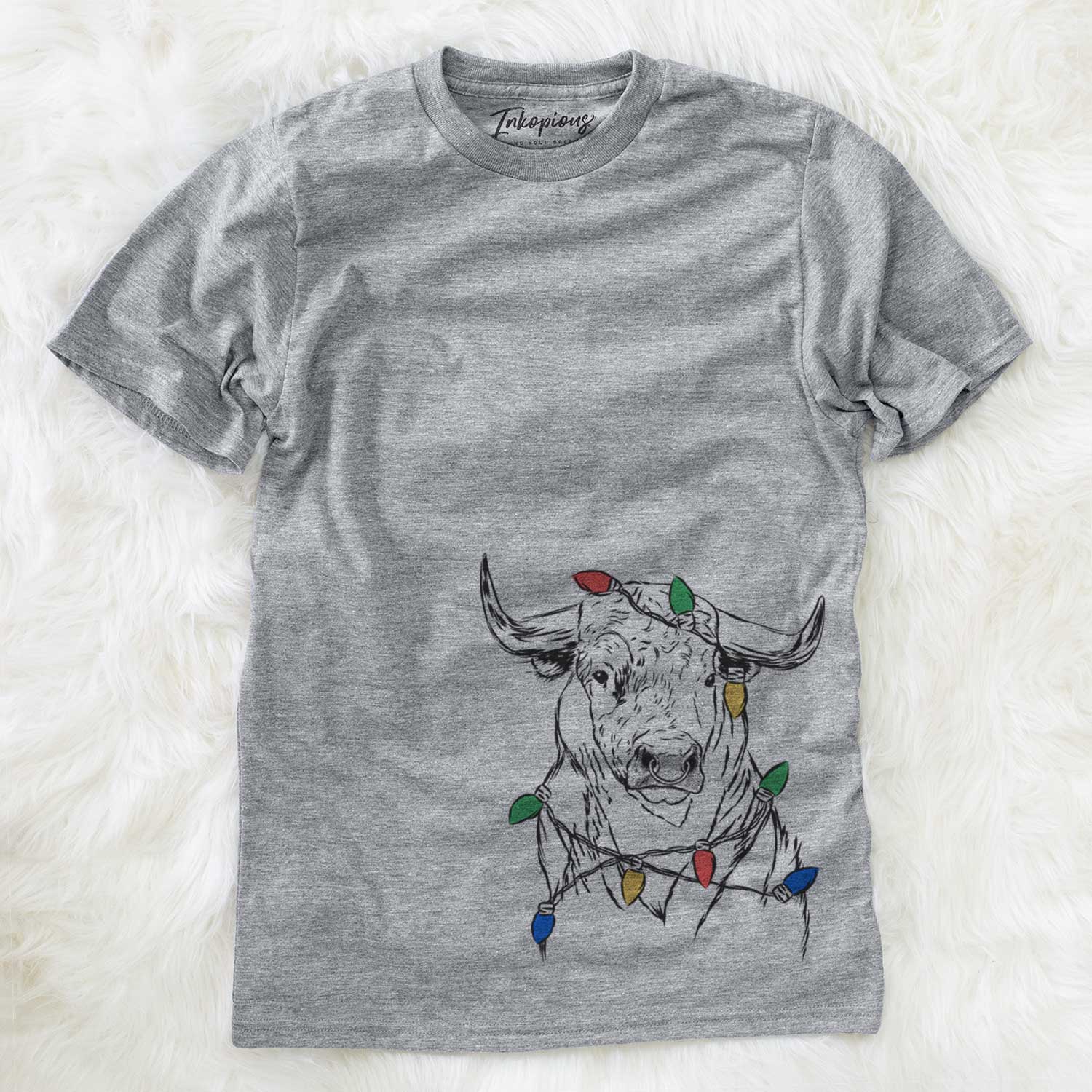 Hand-drawn sketch of Ferdinand the Bull wrapped in Christmas lights on a Grey Unisex crewneck
