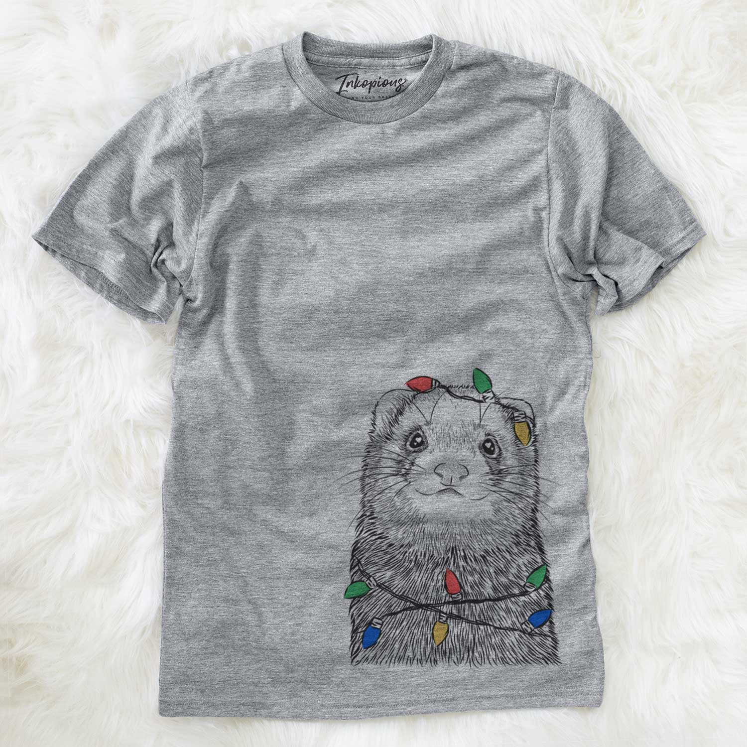 Hand-drawn sketch of Fig the Ferret wrapped in Christmas lights on a Grey Unisex crewneck