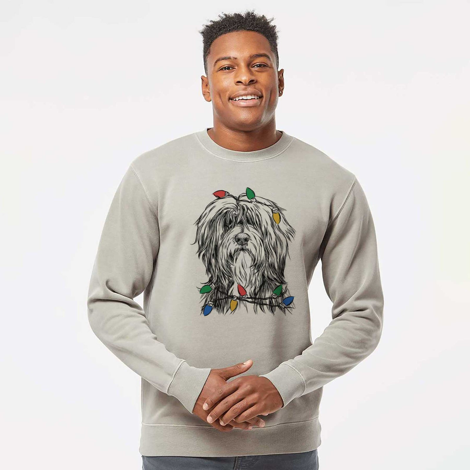 Christmas Lights Fiji the Polish Lowland Sheepdog - Unisex Pigment Dyed Crew Sweatshirt